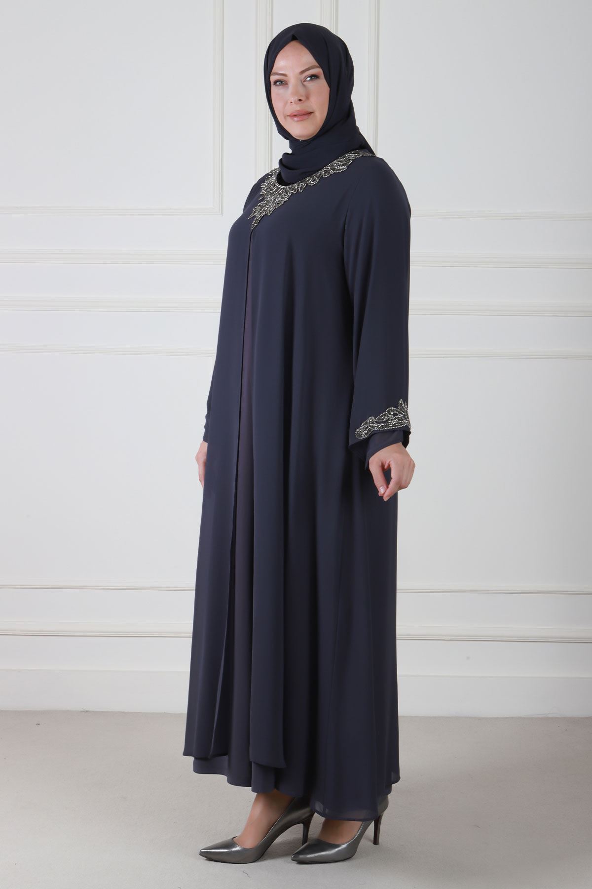 Büyük Beden Tesettür Abiye Elbise 50018 Füme