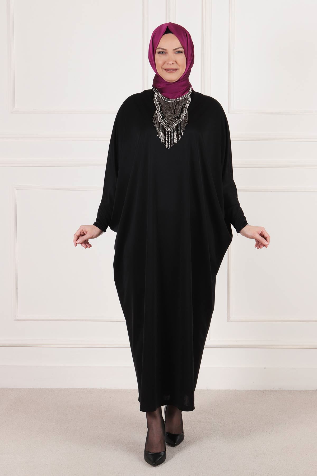 Büyük Beden Tesettür Yarasa Kol Elbise 75006 Siyah