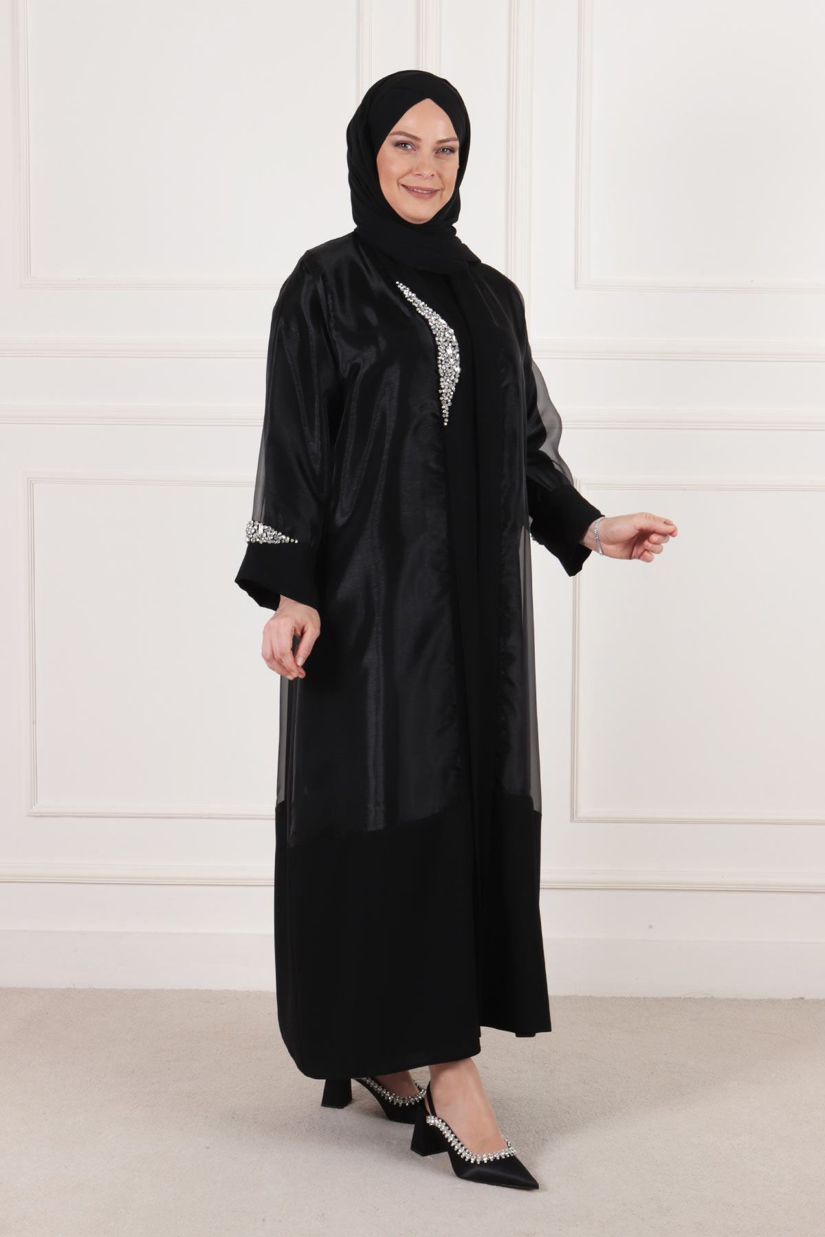 Büyük Beden Tesettür Krep Elbiseli Organze Ceketli Abiye Takım 50020 Siyah