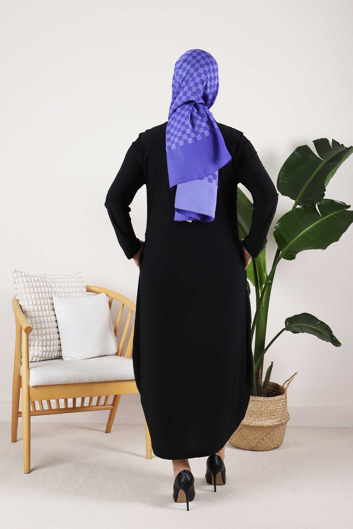 Büyük Beden Tesettür Sandy Kolyeli Elbise 7510 Siyah