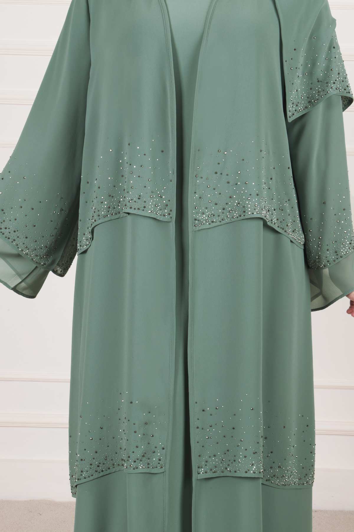 Büyük Beden Tesettür Sandy Elbiseli Şallı Taşlı Şifon Abaya 65008 Mint Yeşili