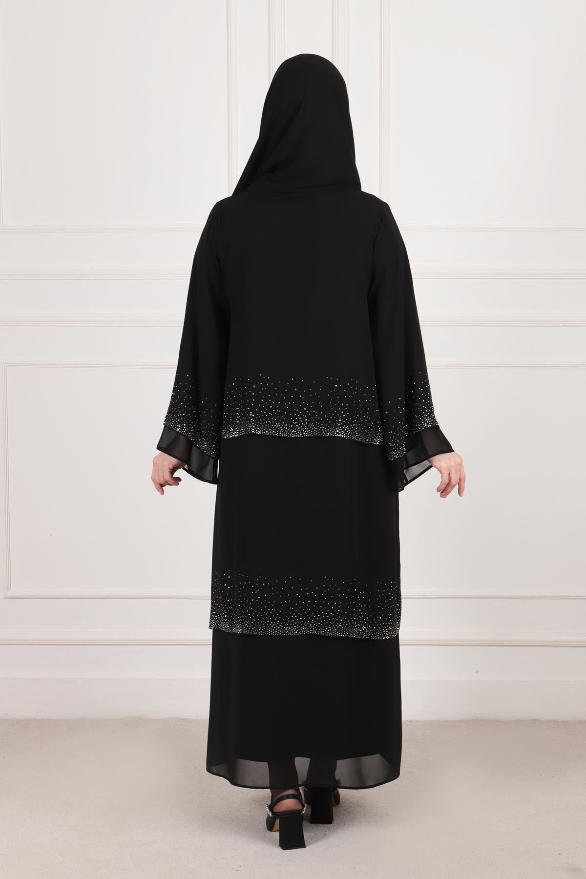 Büyük Beden Tesettür Sandy Elbiseli Şallı Taşlı Şifon Abaya 65008 Siyah