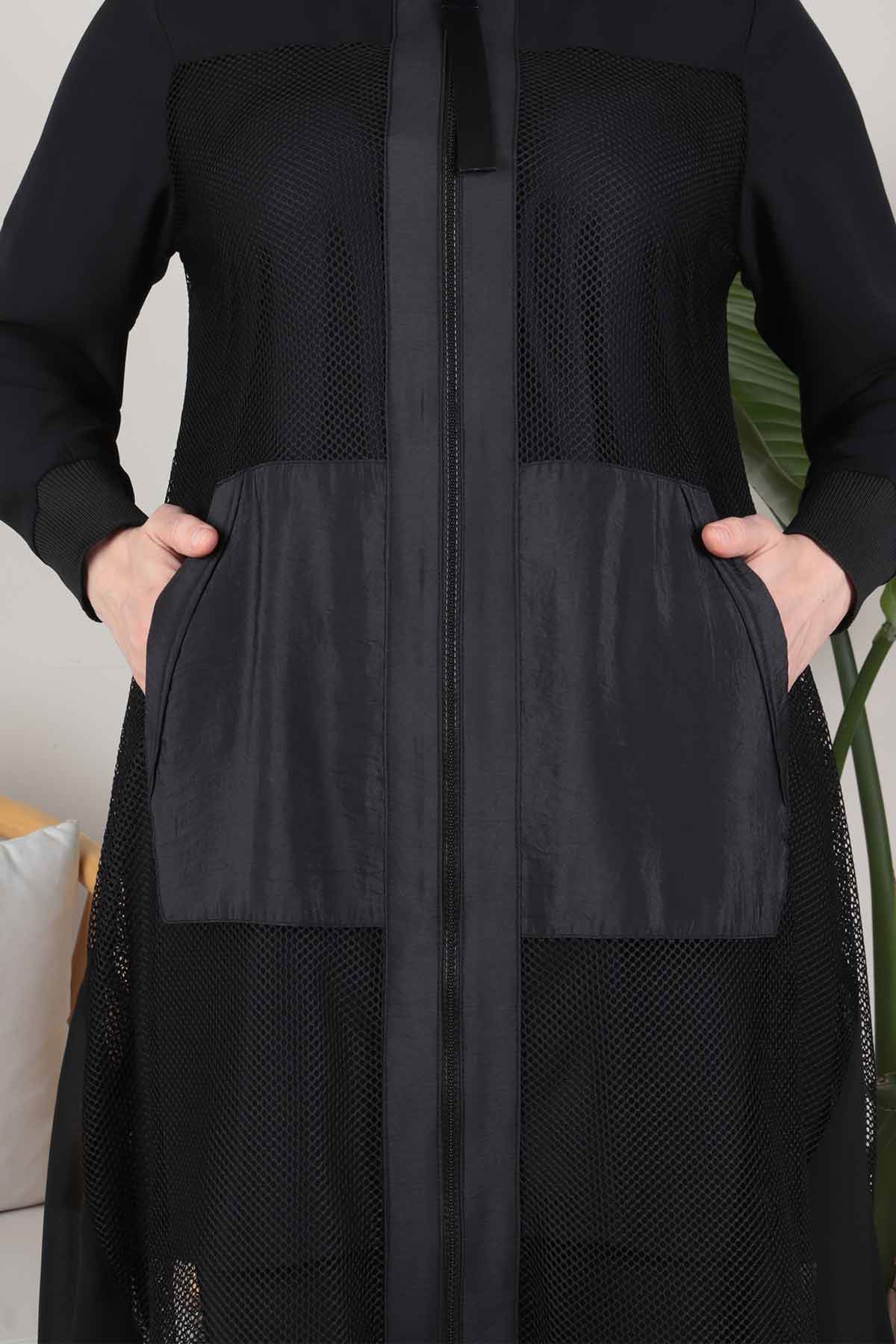 Büyük Beden Tesettür İç Bluzlu File Ceketli Pantolonlu Takım 70005 Siyah