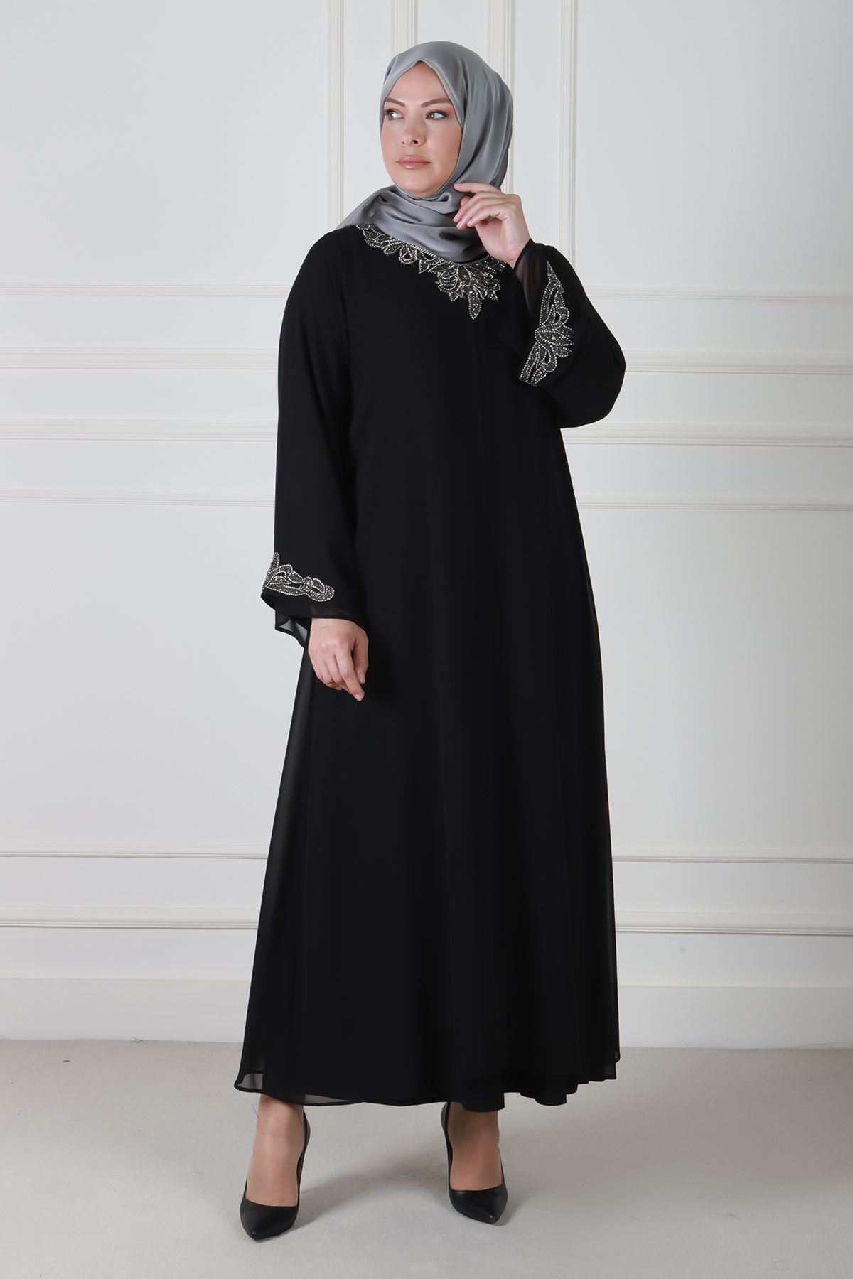 Büyük Beden Tesettür Abiye Elbise 50018 Siyah