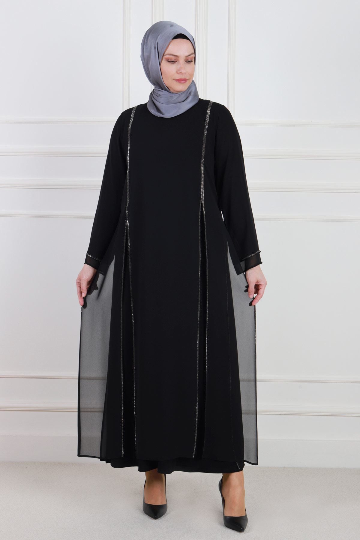 Büyük Beden Tesettür  Sandy Şifon Kaplama Taşlı Abiye Elbise 50013 Siyah