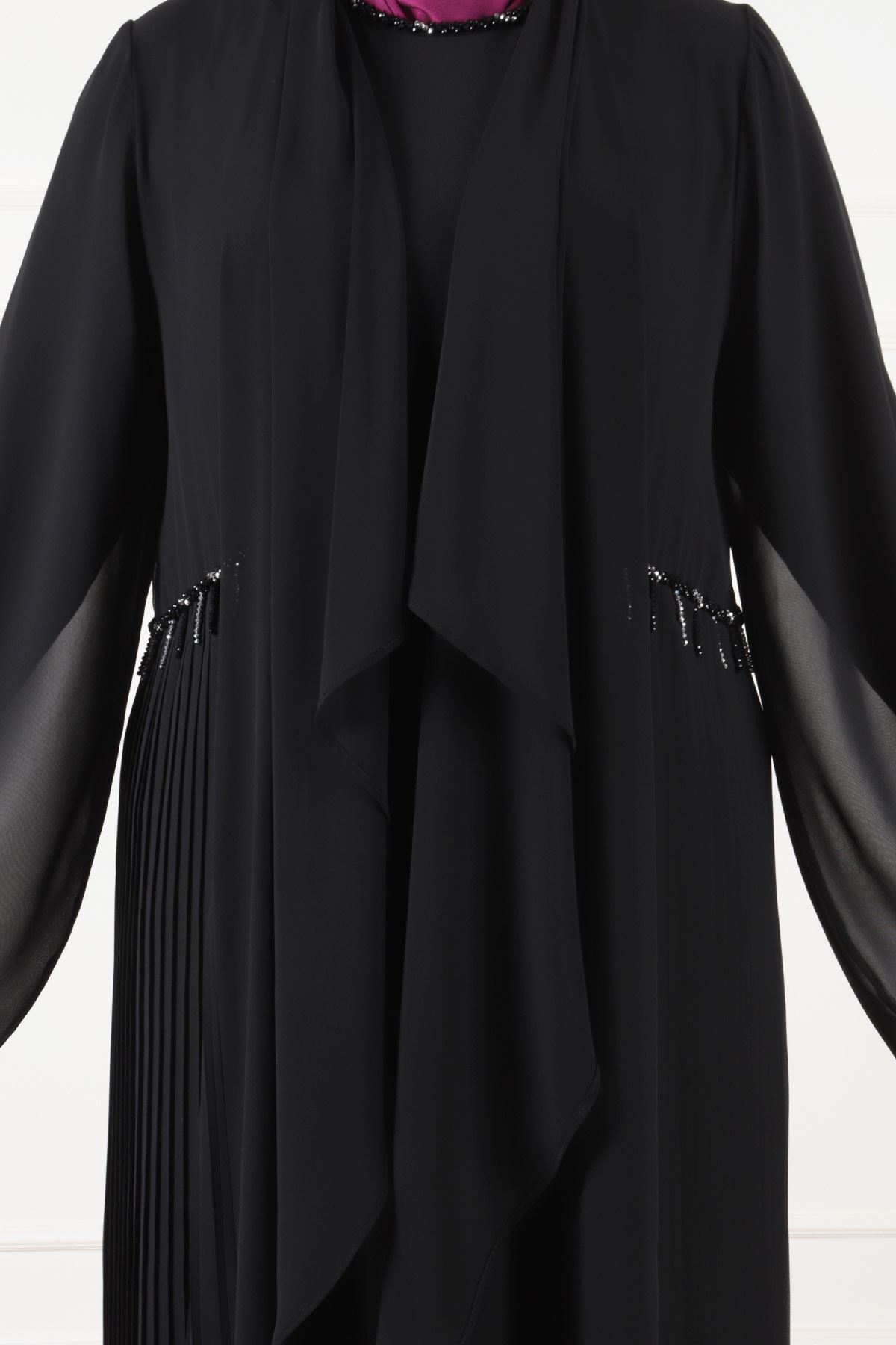 Büyük Beden Tesettür Sandy Elbiseli Pilise Detaylı Şifon Abaya 50021 Siyah
