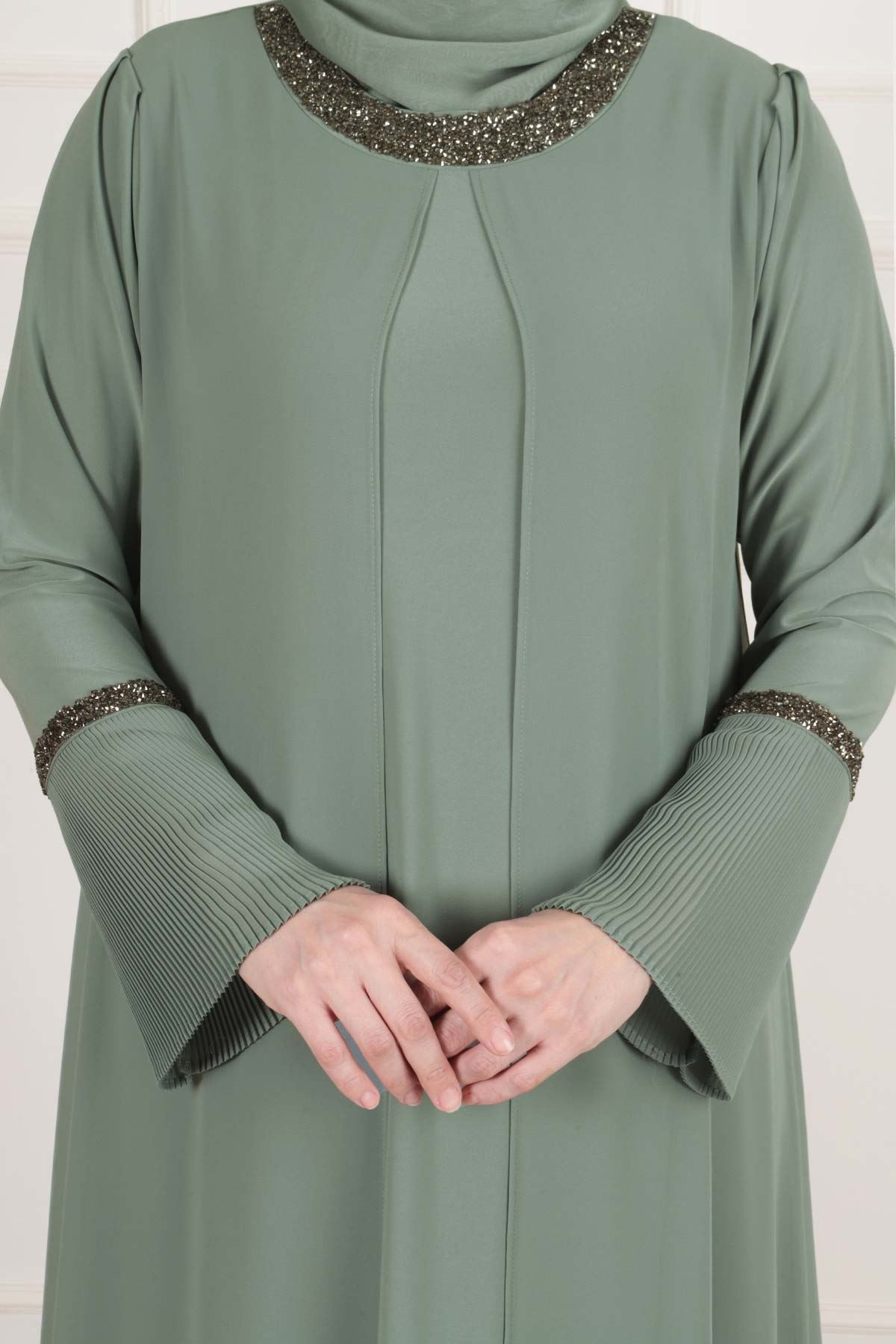 Büyük Beden Tesettür Şifon Kaplamalı Sandy Abiye Elbise 50001 Mint Yeşili