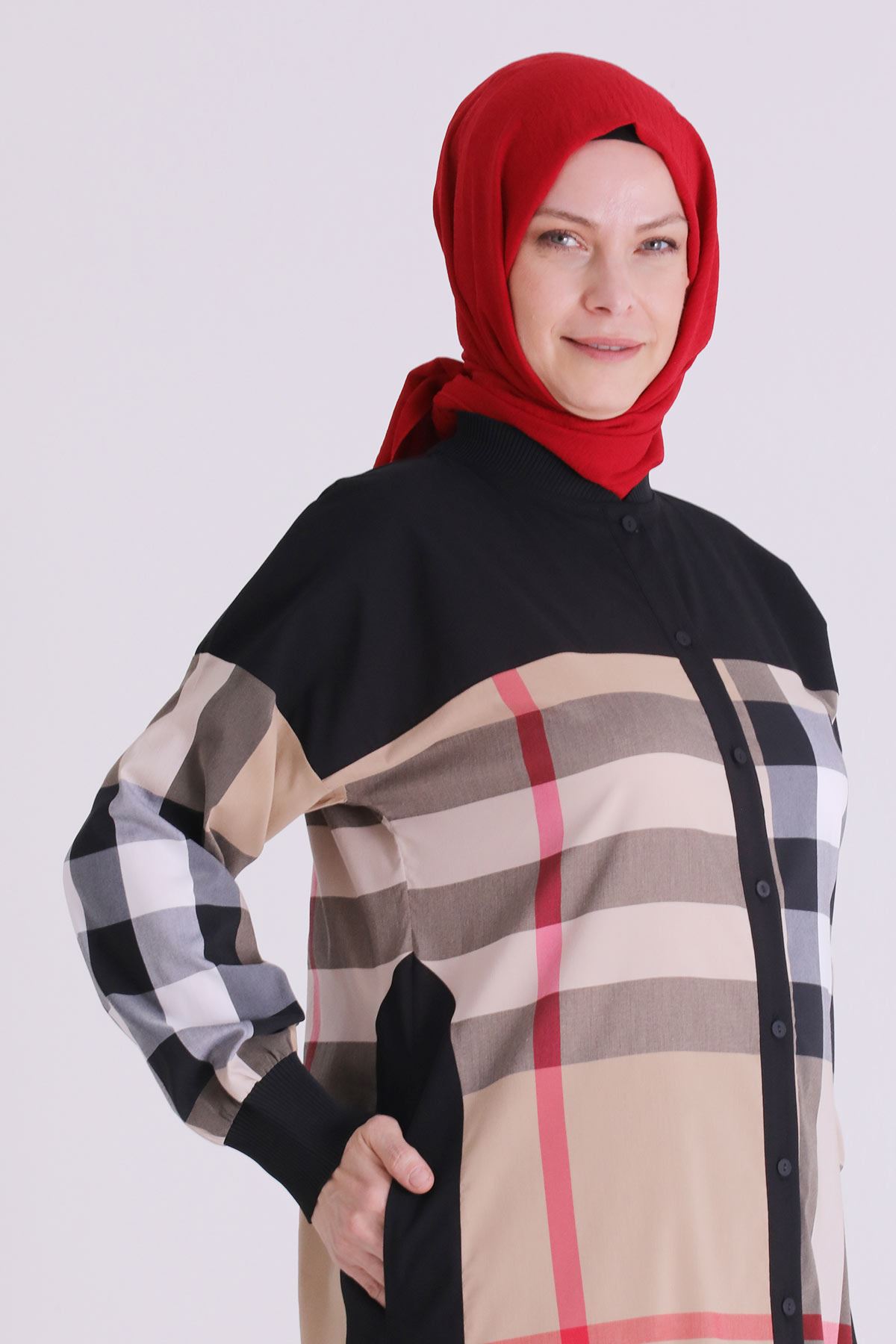 Büyük Beden Tesettür Ekoseli Düğmeli Ferace 2826 Bej