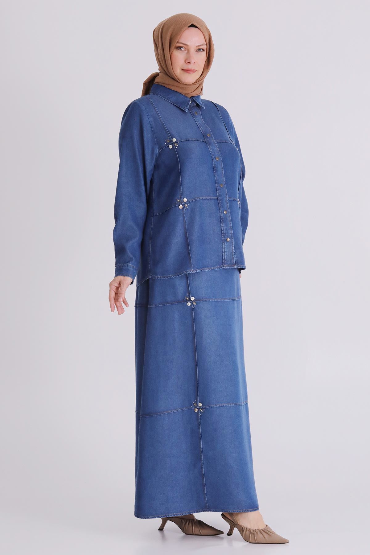 Büyük Beden Tesettür Etekli Tensel Kot Takım 38001 Koyu Mavi
