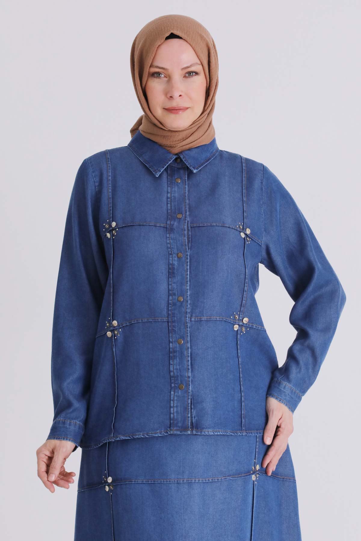 Büyük Beden Tesettür Etekli Tensel Kot Takım 38001 Koyu Mavi