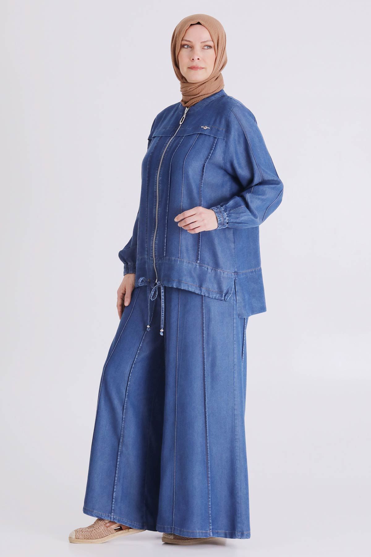 Büyük Beden Tesettür Pantolonlu Tensel Kot Takım 35141 Koyu Mavi