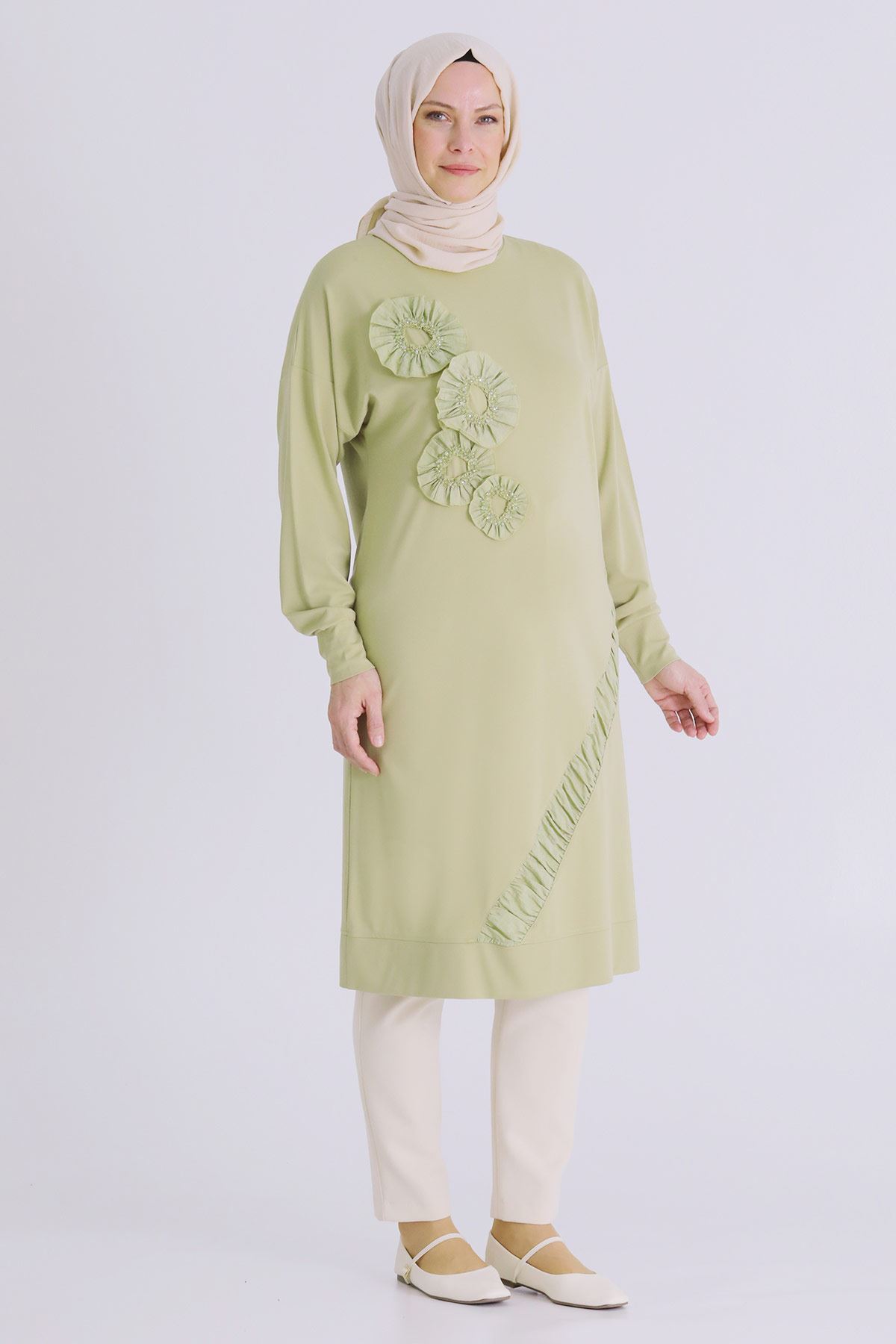 Büyük Beden Tesettür İşlemeli Tunik 20133 Ihlamur