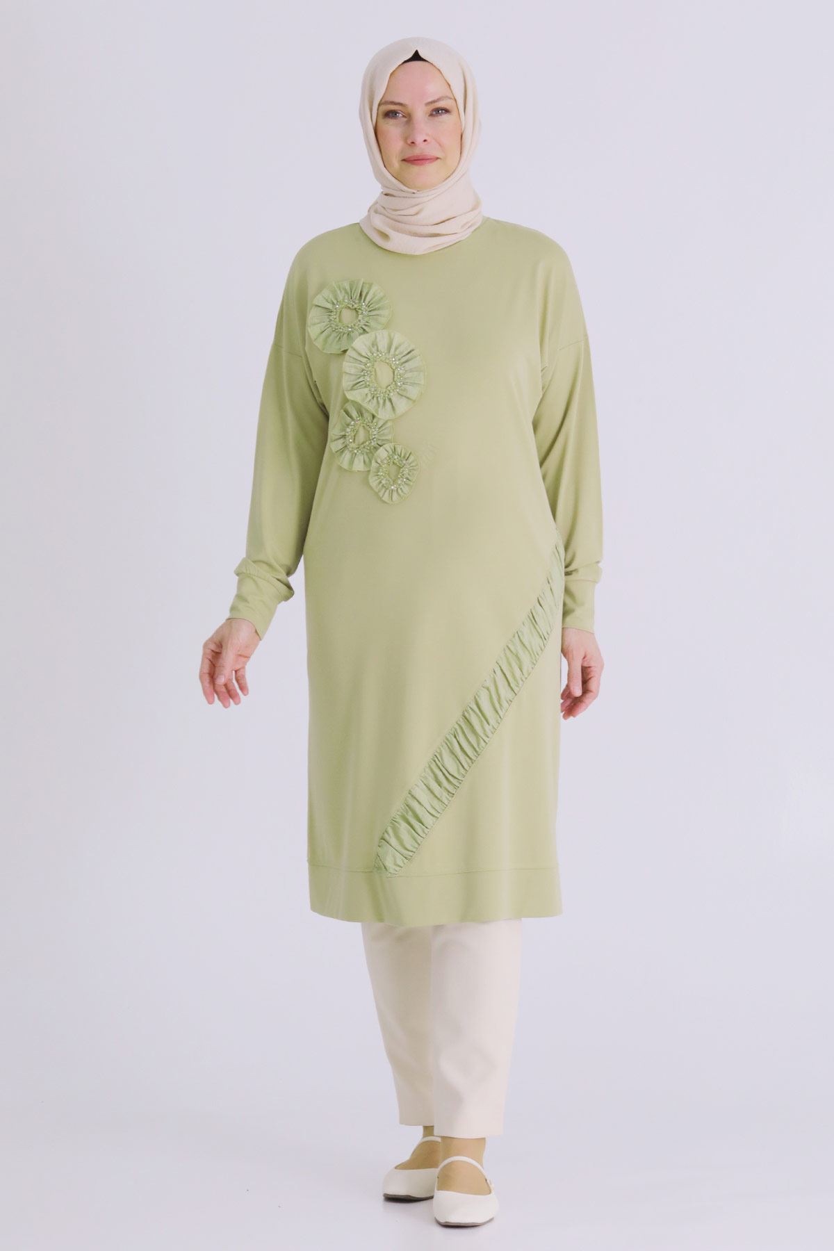 Büyük Beden Tesettür İşlemeli Tunik 20133 Ihlamur