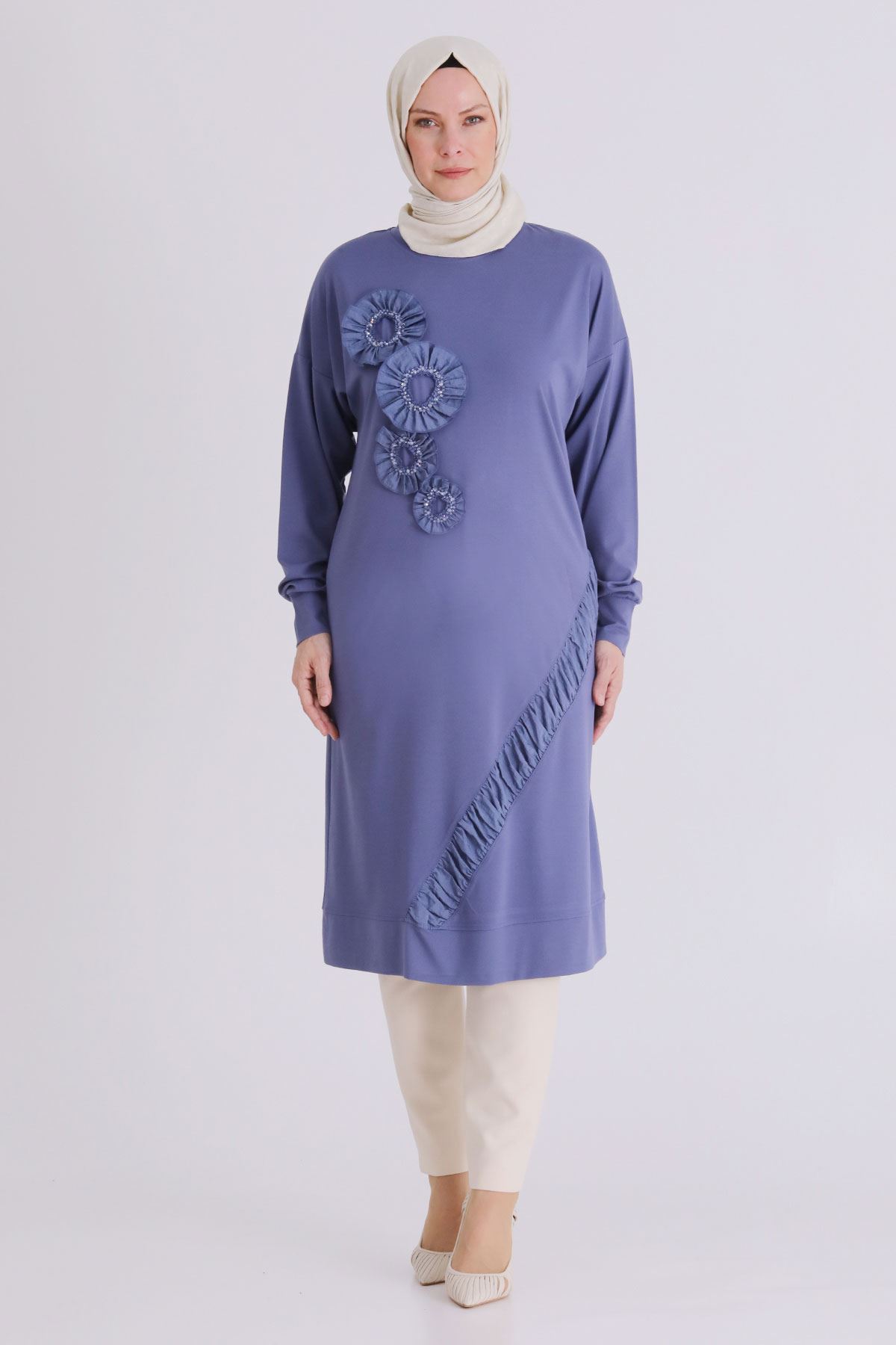 Büyük Beden Tesettür İşlemeli Tunik 20133 Morcivert