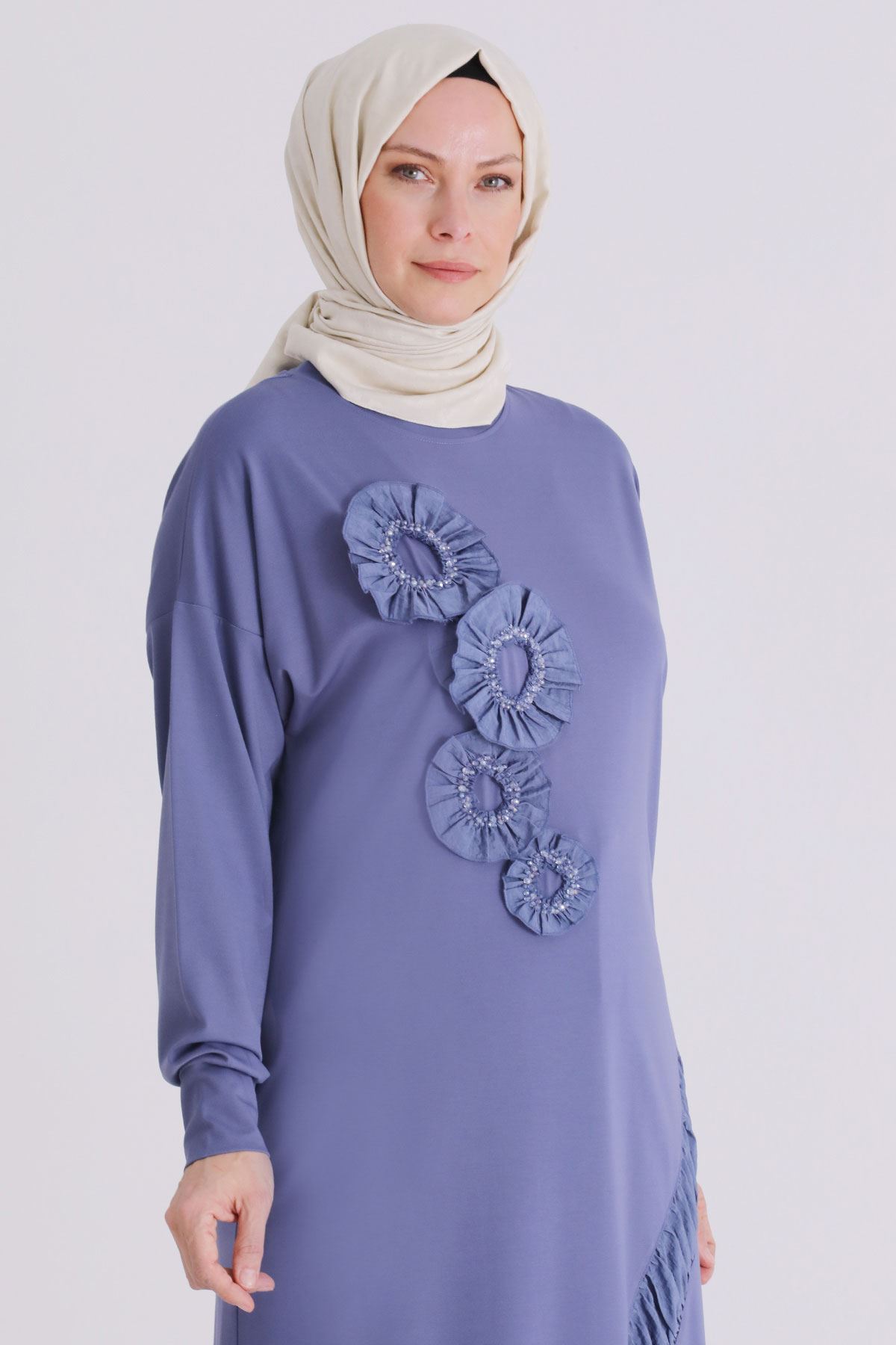 Büyük Beden Tesettür İşlemeli Tunik 20133 Morcivert