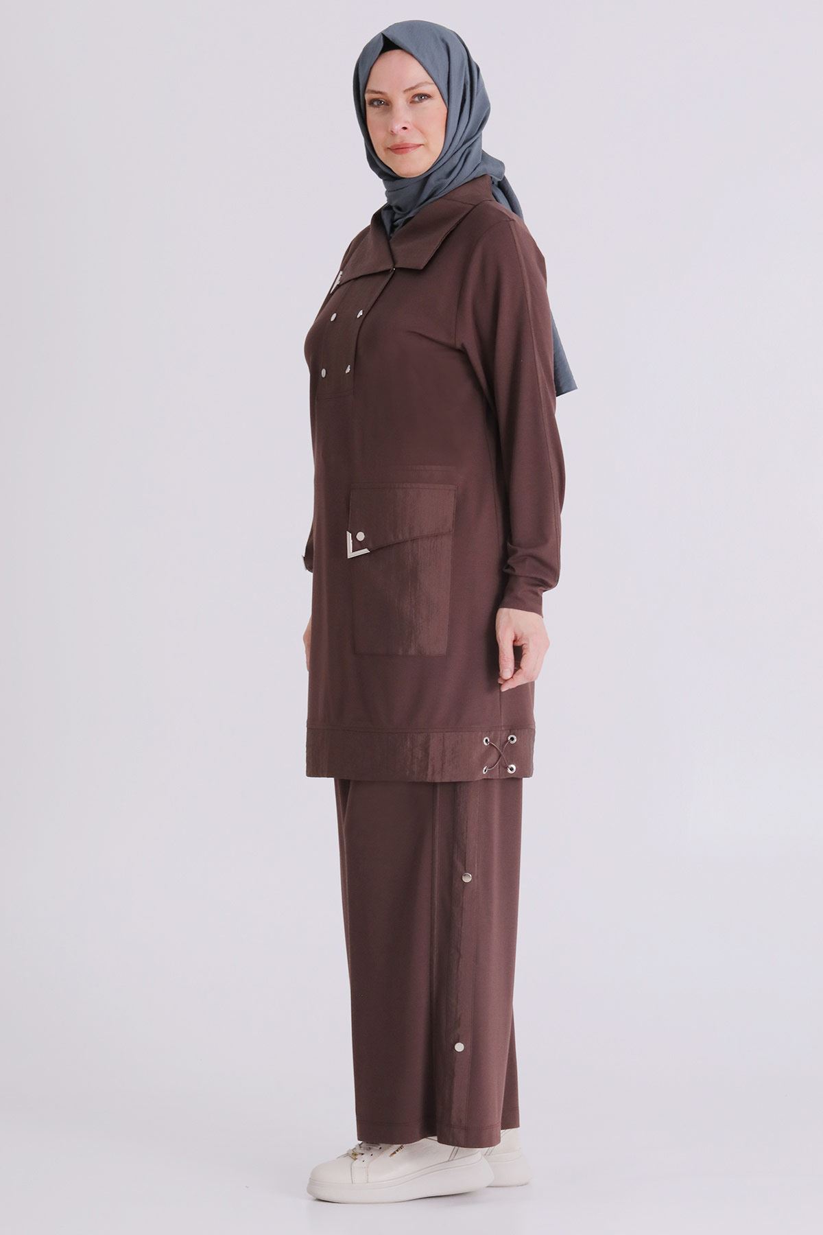 Büyük Beden Tesettür Pantolonlu Takım 35143 Kahve
