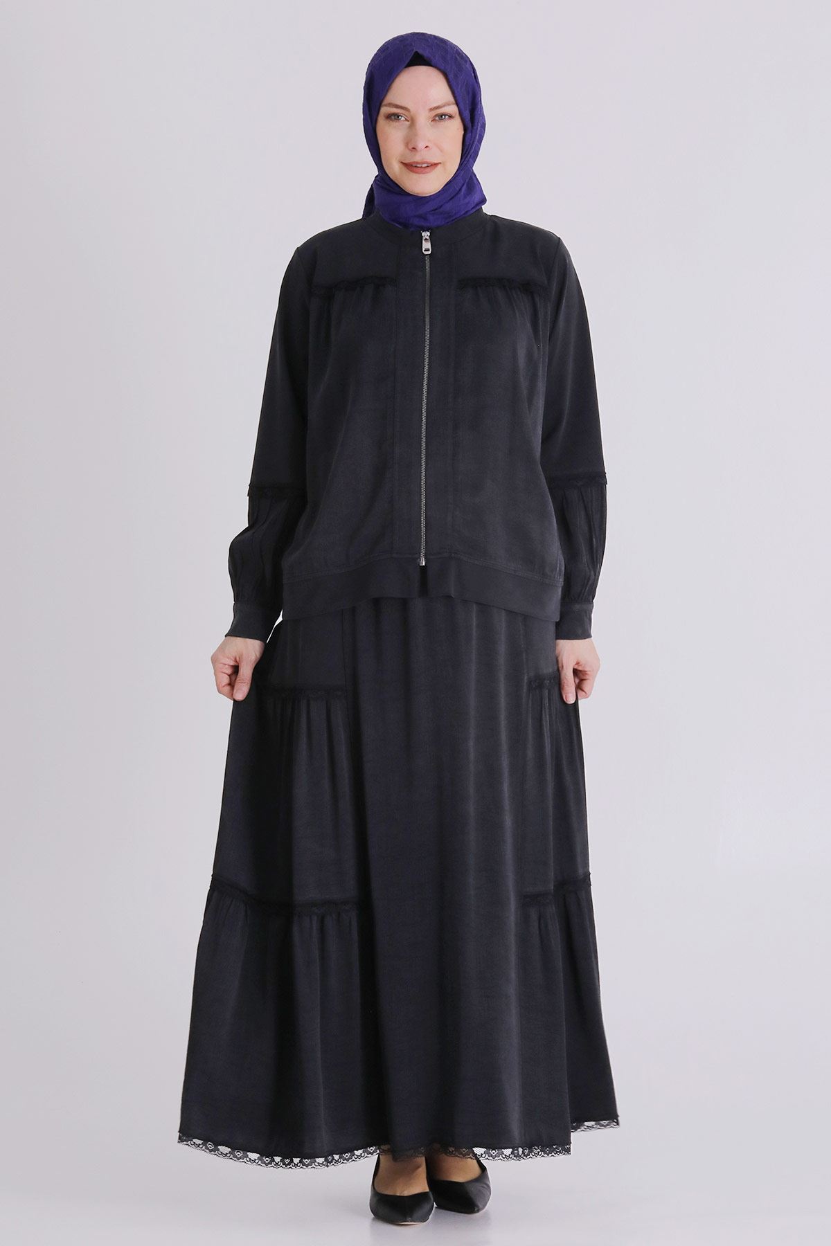 Büyük Beden Tesettür Etekli Takım 38002 Siyah