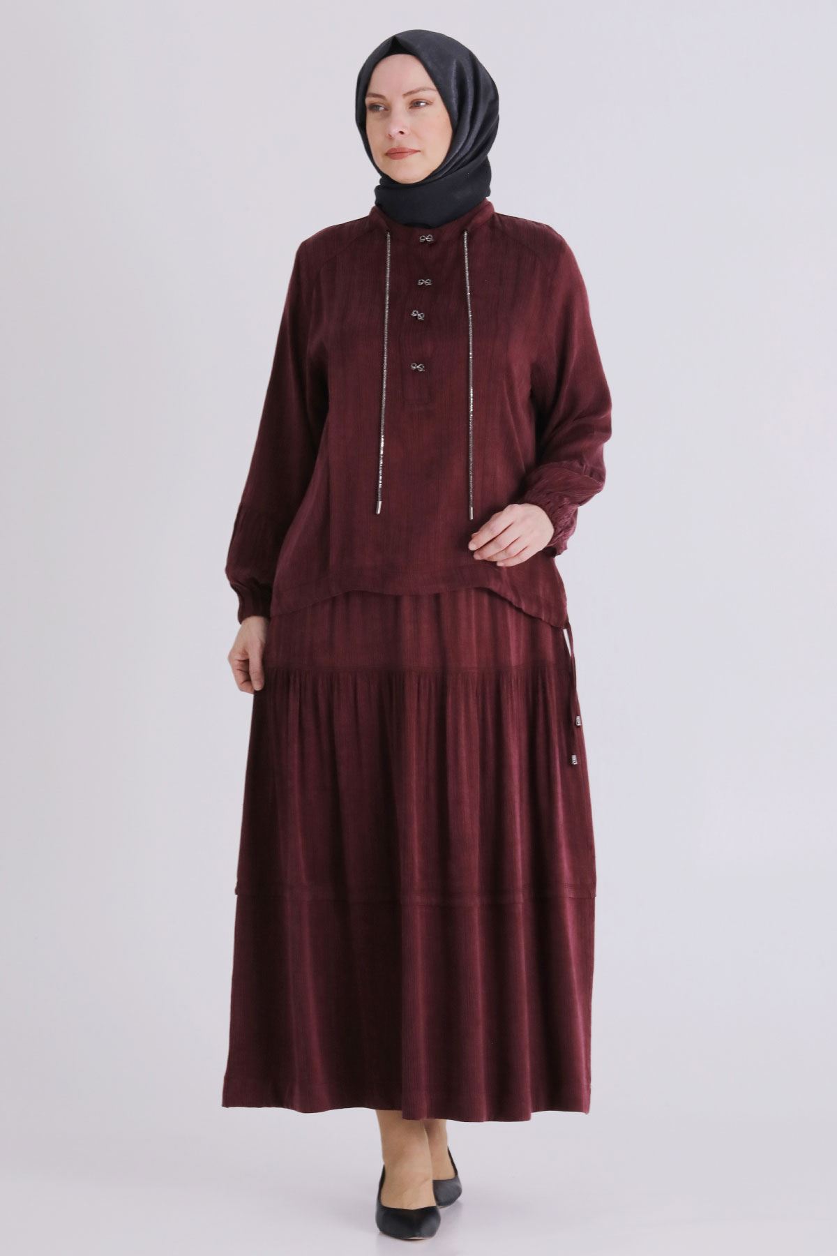 Büyük Beden Tesettür Etekli Takım 38003 Bordo