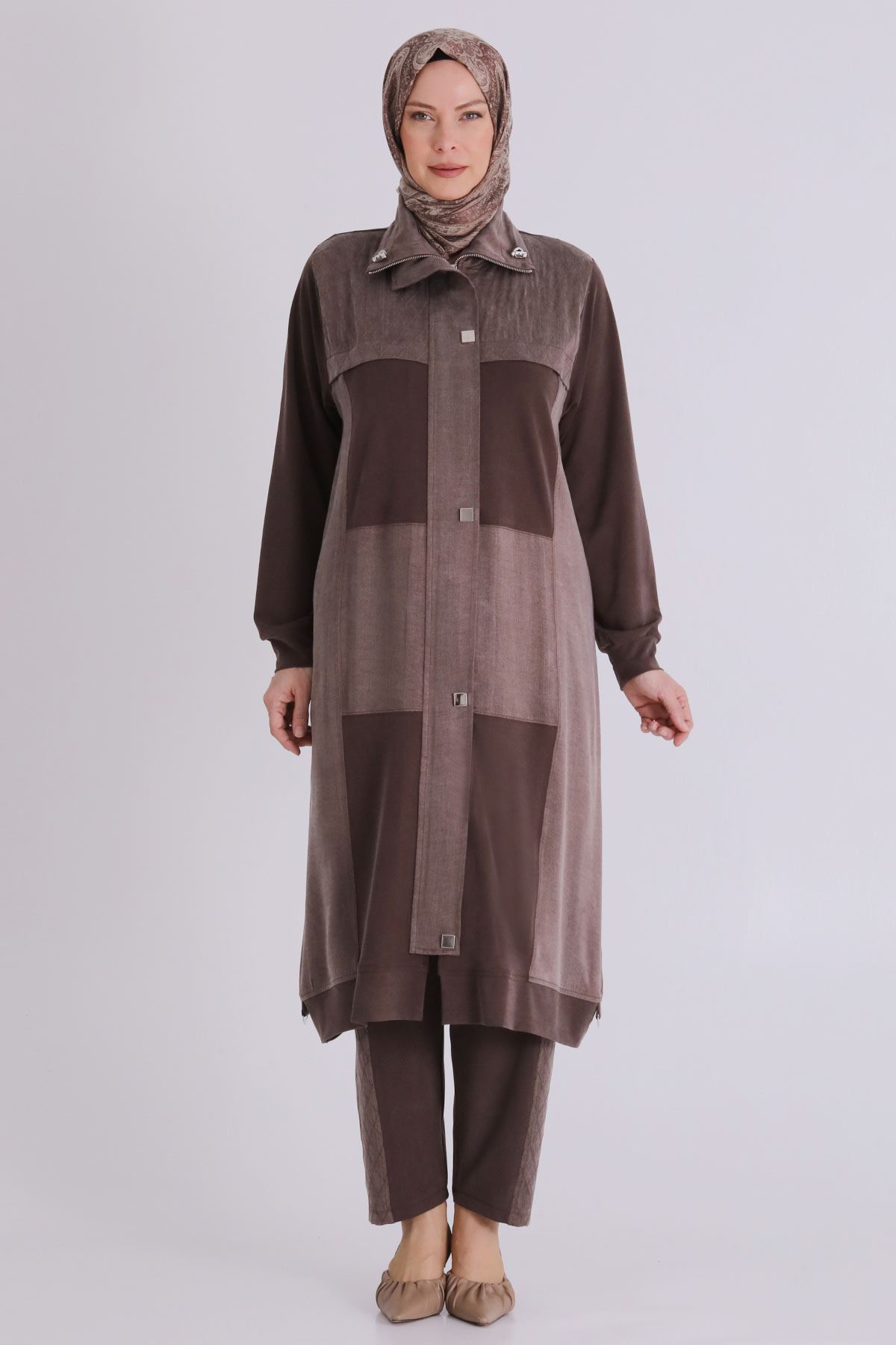 Büyük Beden Tesettür Pantolonlu Takım 35145 Kahve