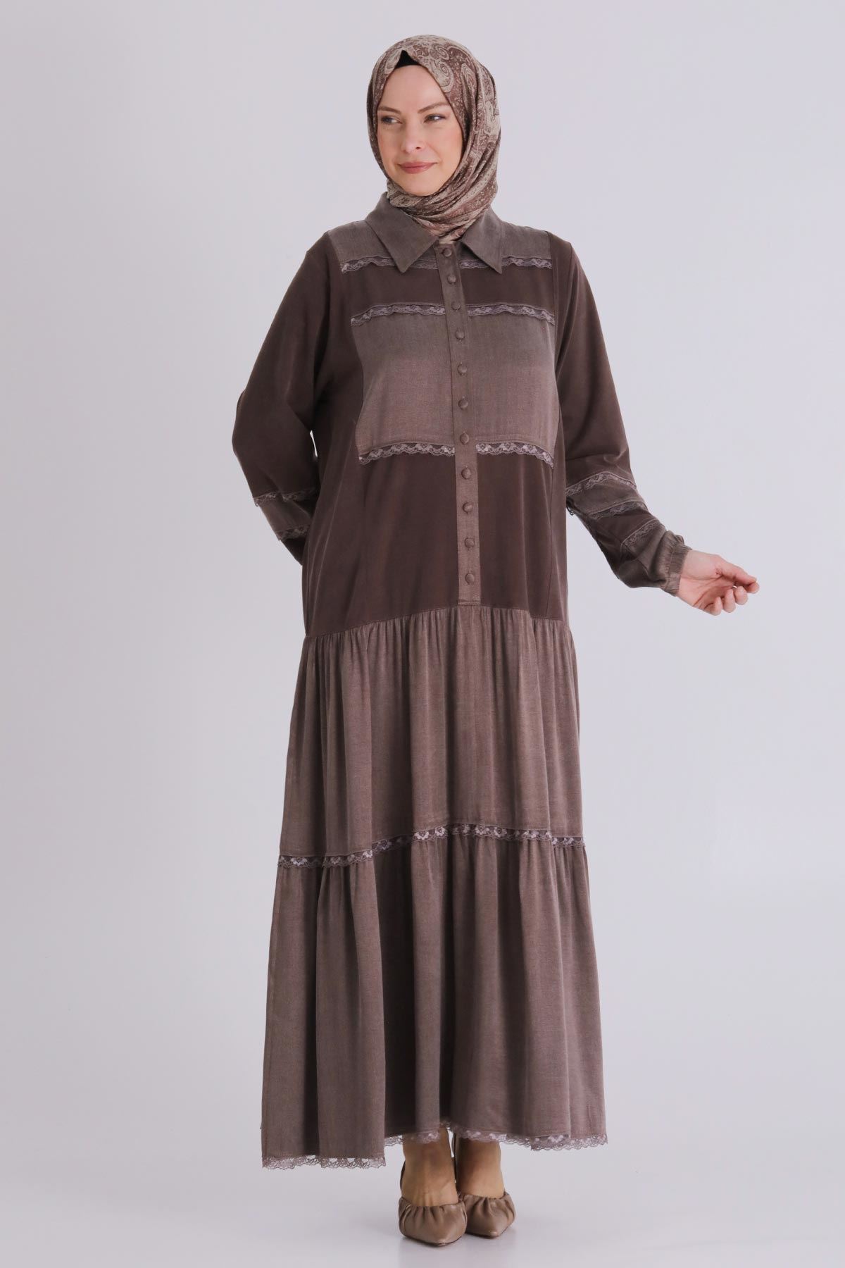 Büyük Beden Tesettür Elbise 75008 Kahve