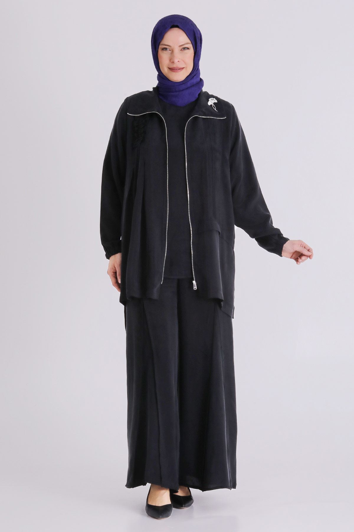 Büyük Beden Tesettür Cupro Üçlü Pantolonlu Takım 70021 Siyah