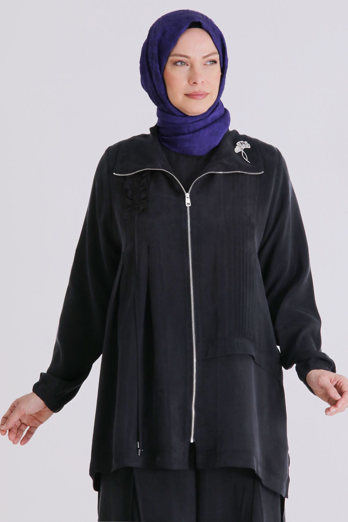 Büyük Beden Tesettür Cupro Üçlü Pantolonlu Takım 70021 Siyah