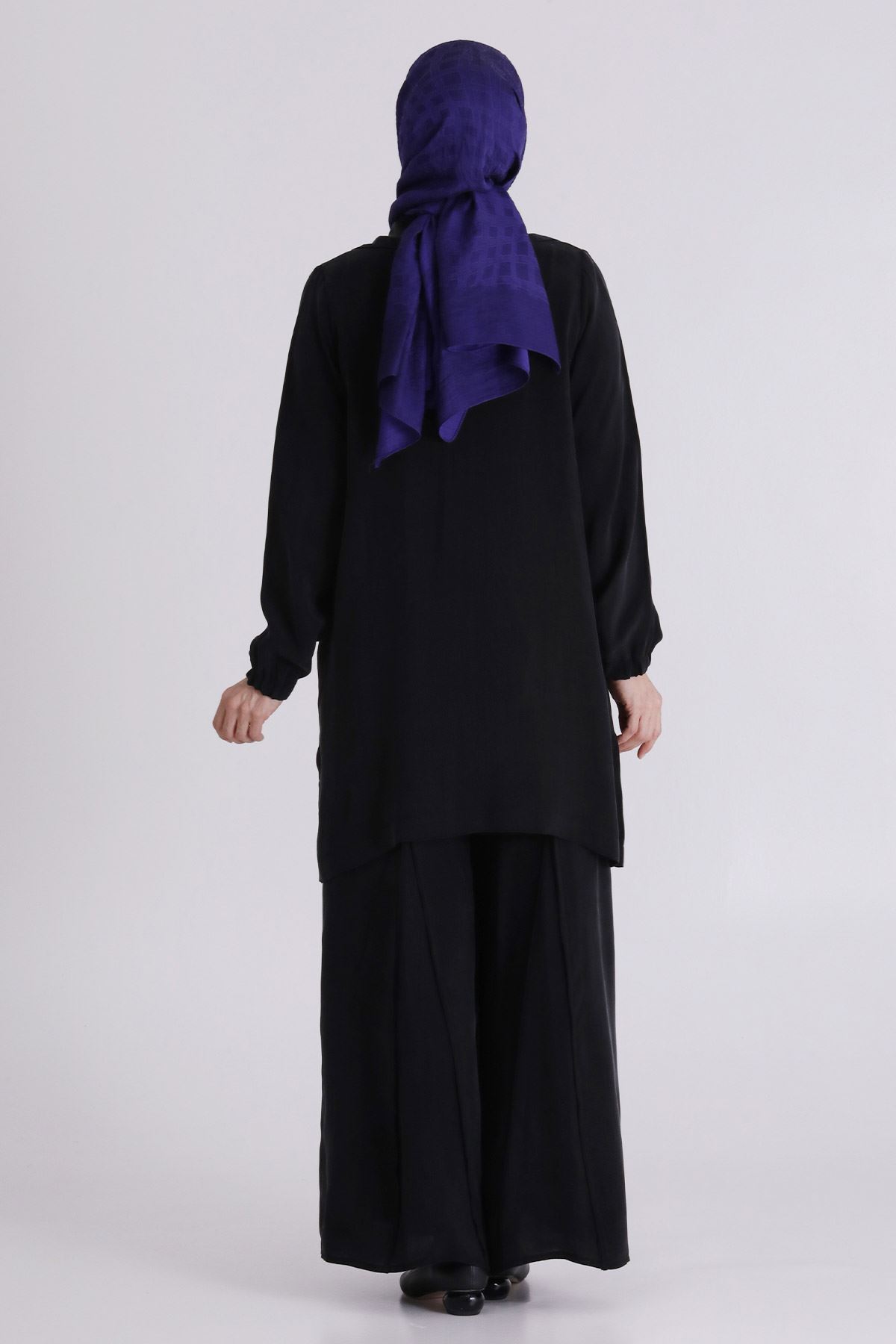 Büyük Beden Tesettür Cupro Üçlü Pantolonlu Takım 70021 Siyah