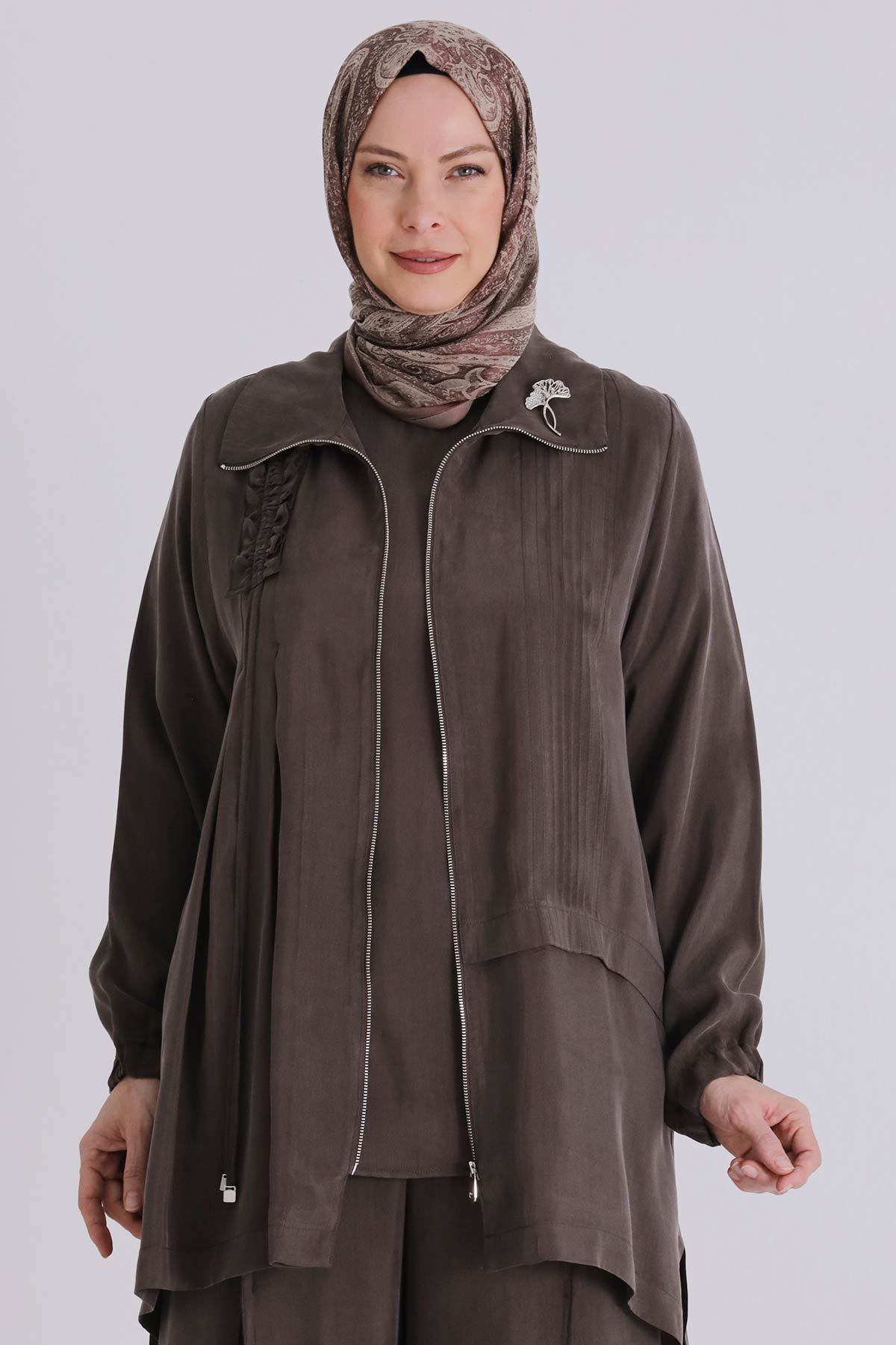 Büyük Beden Tesettür Cupro Üçlü Pantolonlu Takım 70021 Koyu Vizon