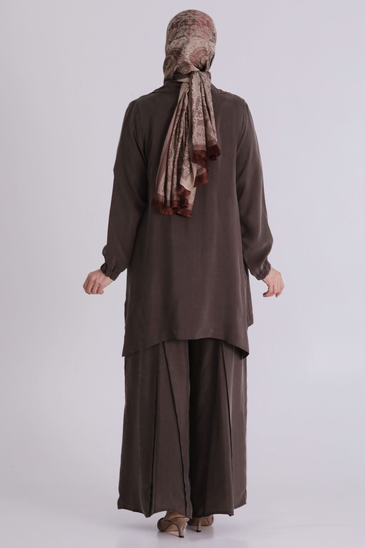 Büyük Beden Tesettür Cupro Üçlü Pantolonlu Takım 70021 Koyu Vizon