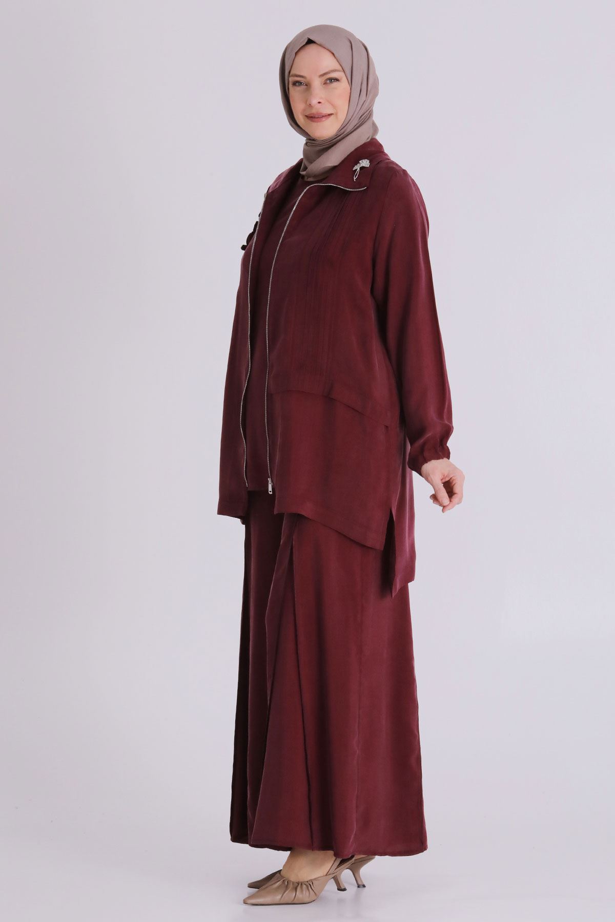 Büyük Beden Tesettür Cupro Üçlü Pantolonlu Takım 70021 Yakut