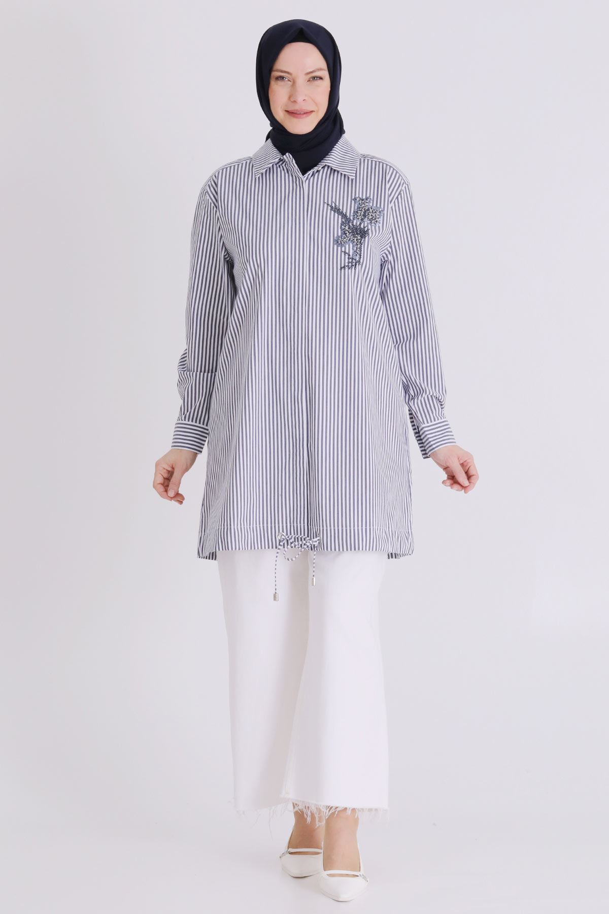 Büyük Beden Tesettür Çizgili Tunik 23036 Lacivert