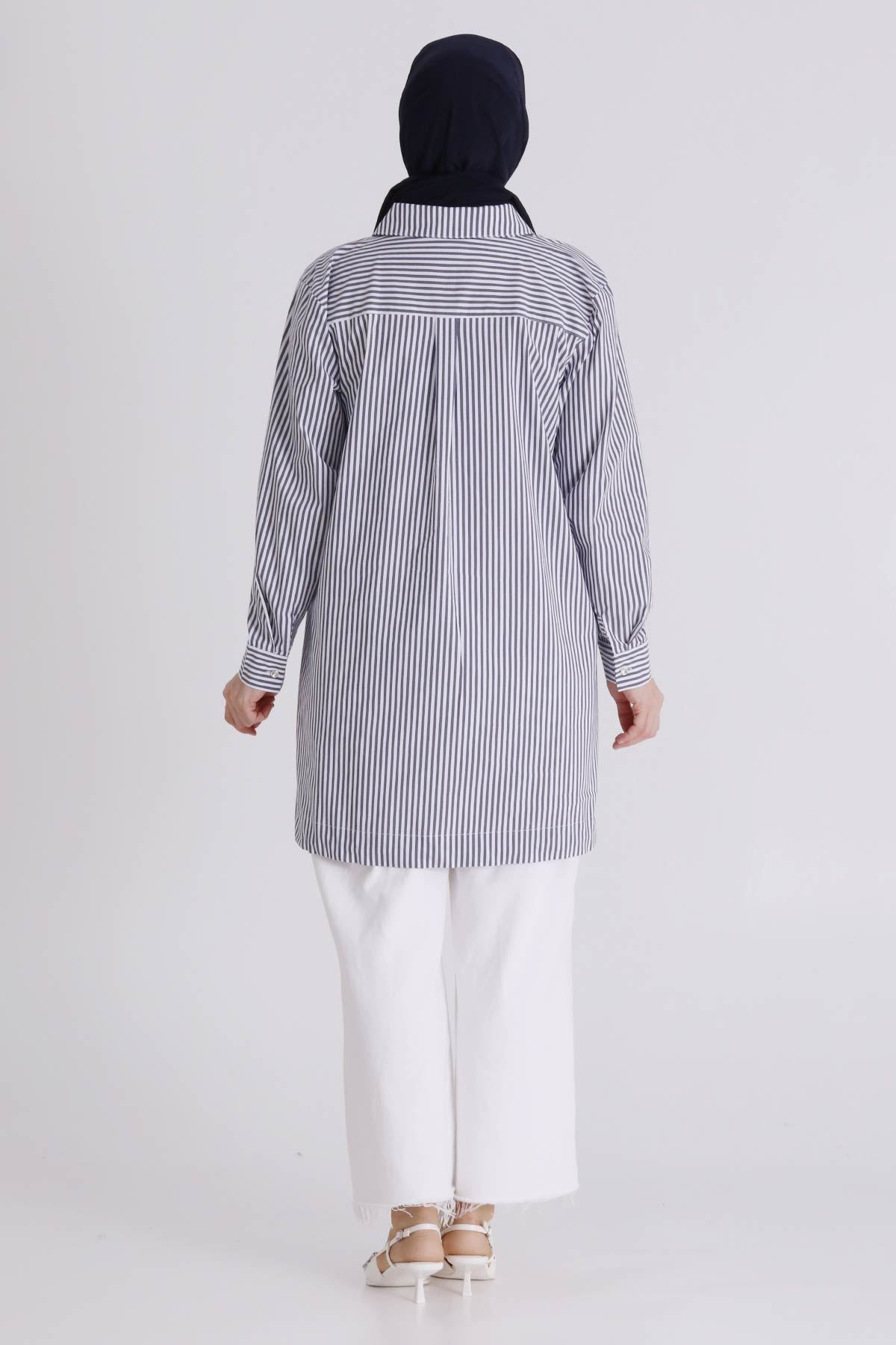 Büyük Beden Tesettür Çizgili Tunik 23036 Lacivert