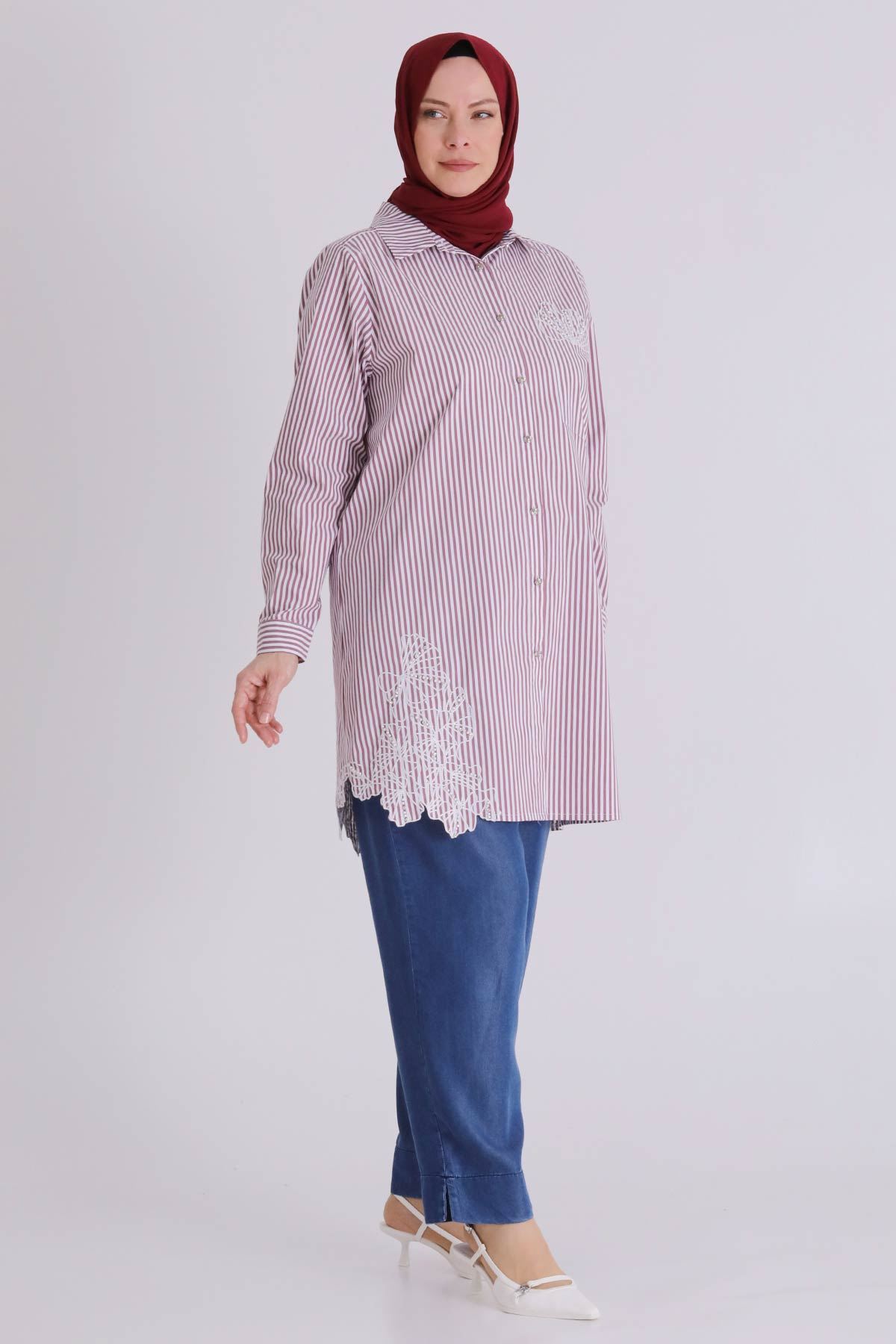 Büyük Beden Tesettür Çizgili Tunik 23037 Bordo