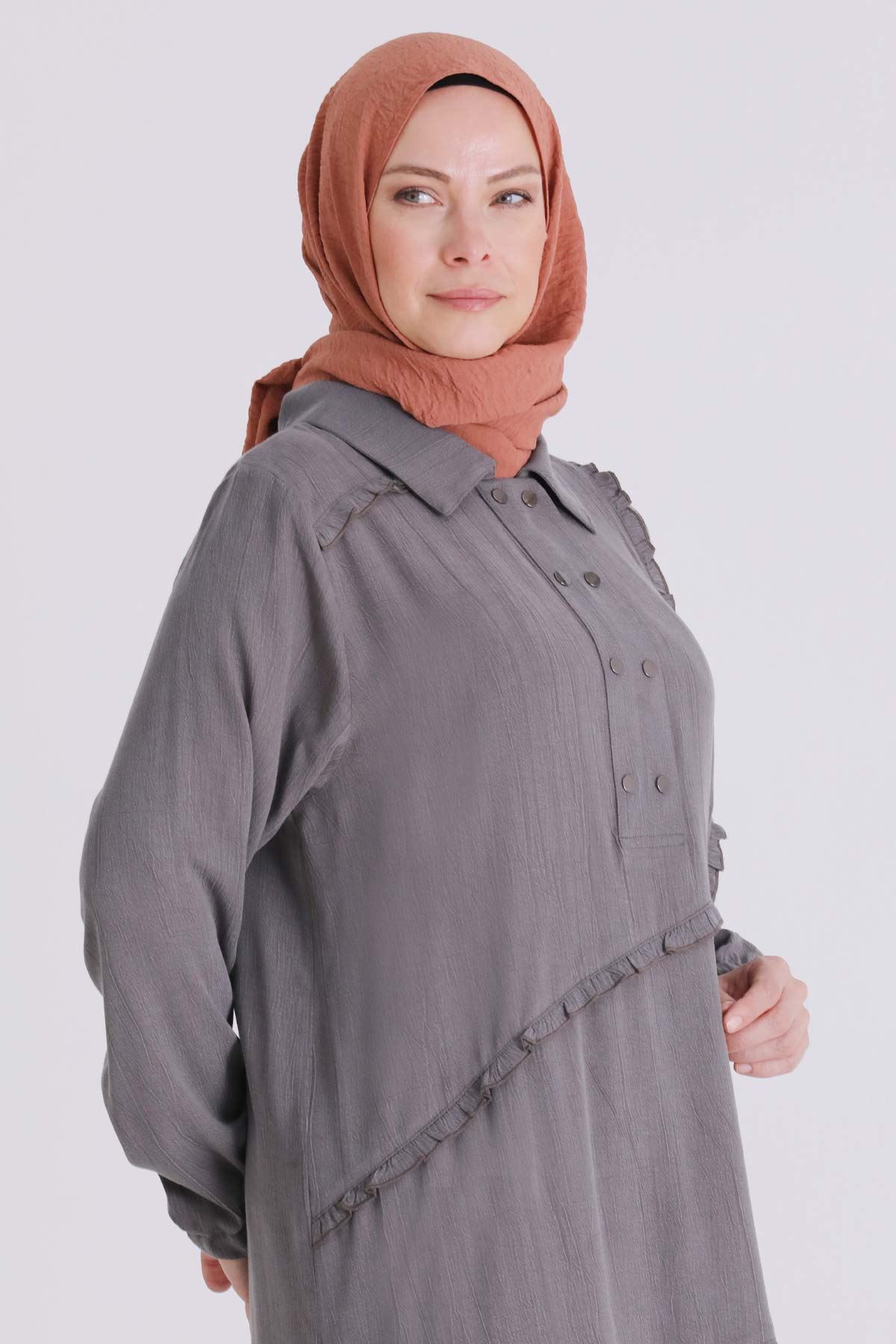 Büyük Beden Tesettür Elbise 7524 Duman Gri