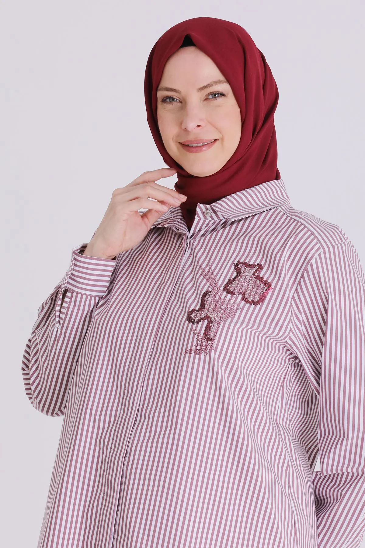 Büyük Beden Tesettür Çizgili Tunik 23036 Bordo
