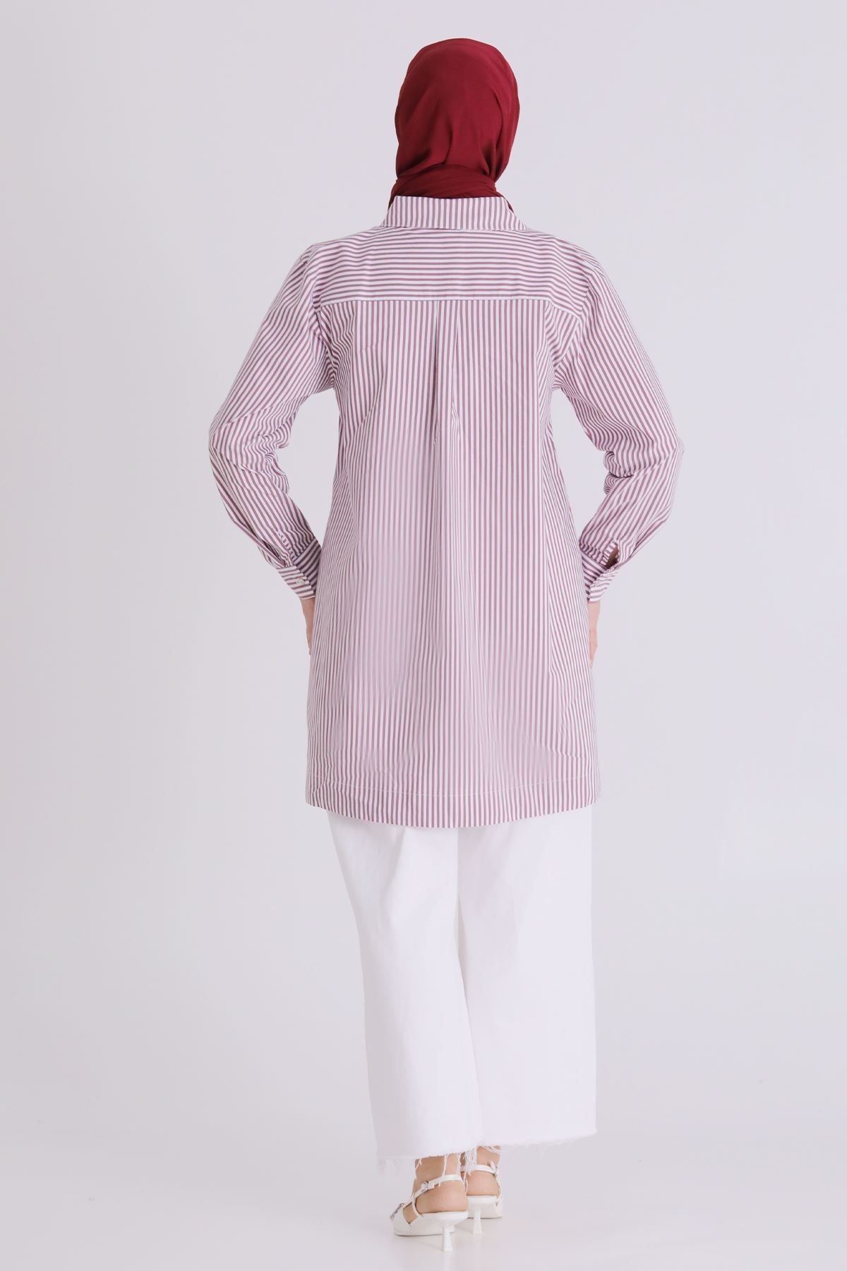 Büyük Beden Tesettür Çizgili Tunik 23036 Bordo