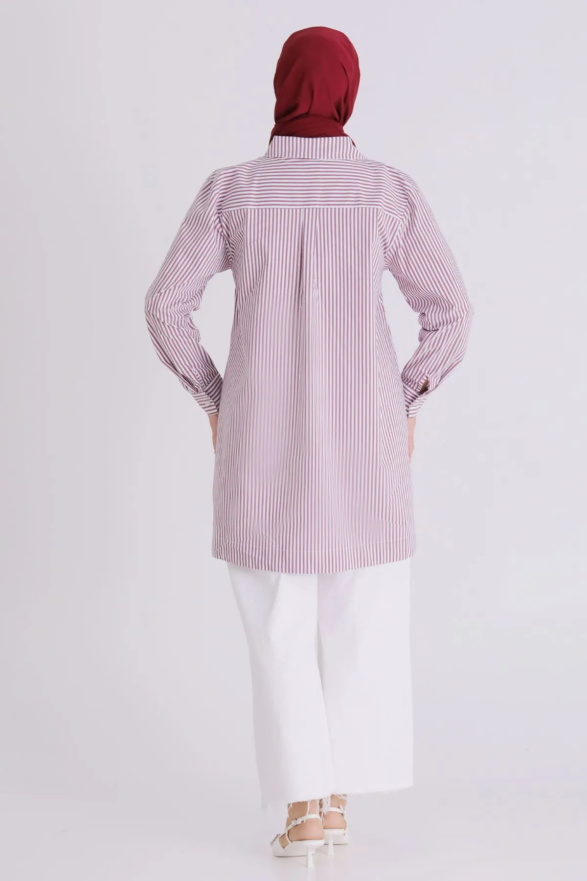 Büyük Beden Tesettür Çizgili Tunik 23036 Bordo