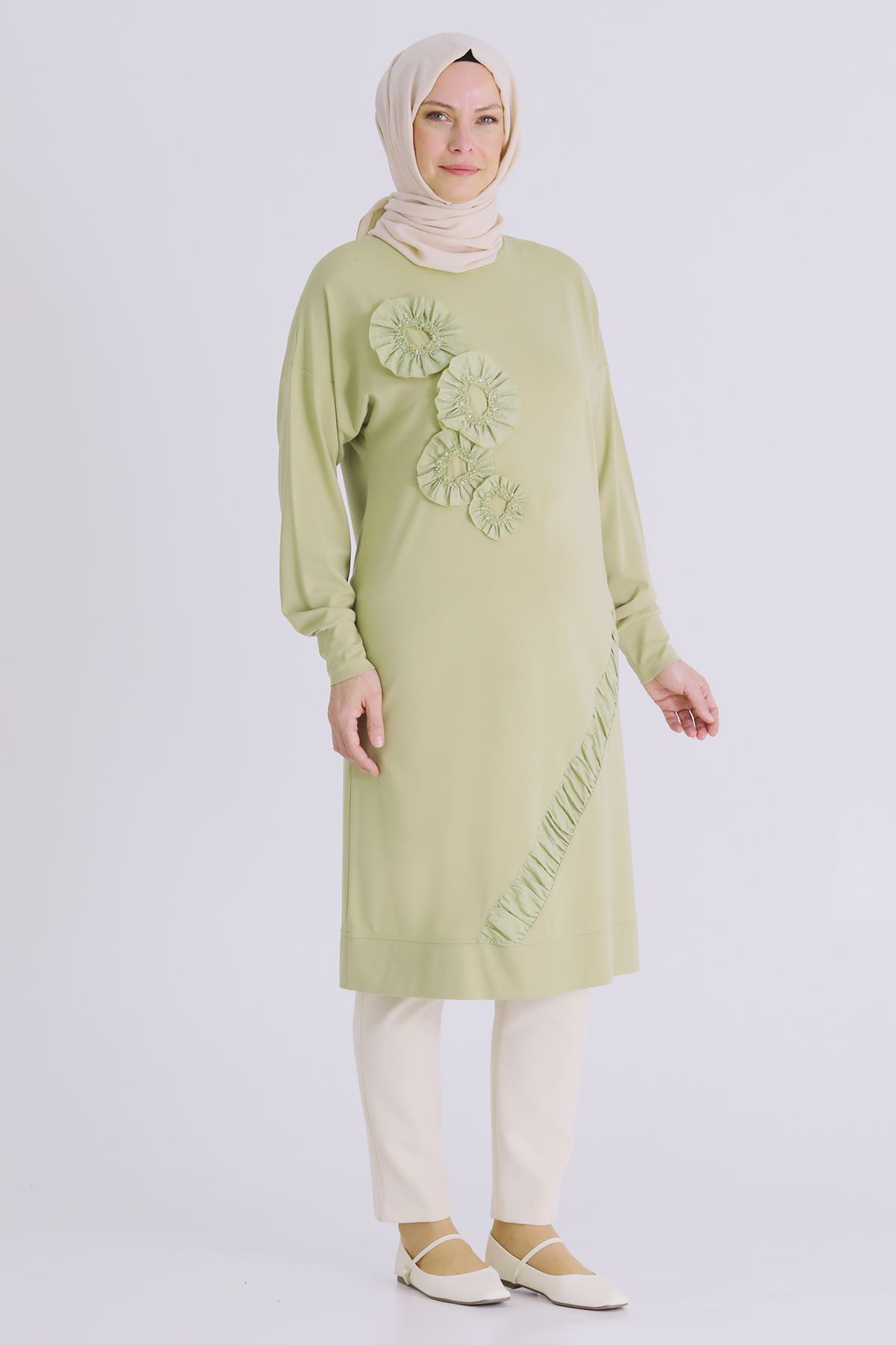 Büyük Beden Tesettür İşlemeli Tunik 20133 Ihlamur