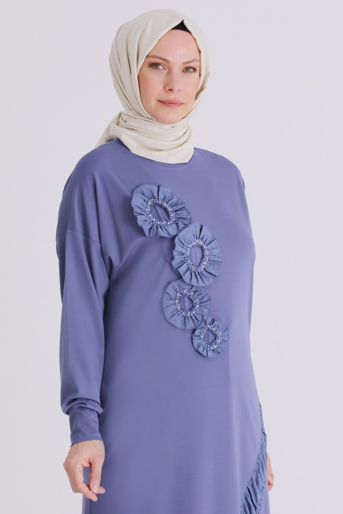 Büyük Beden Tesettür İşlemeli Tunik 20133 Morcivert