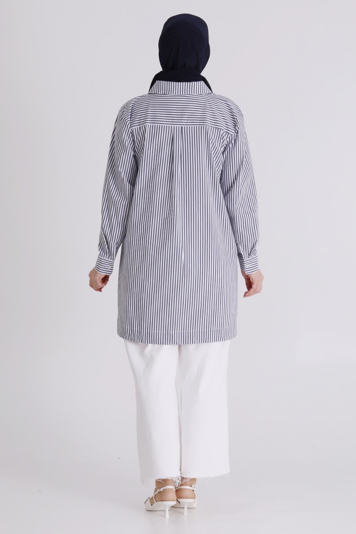 Büyük Beden Tesettür Çizgili Tunik 23036 Lacivert