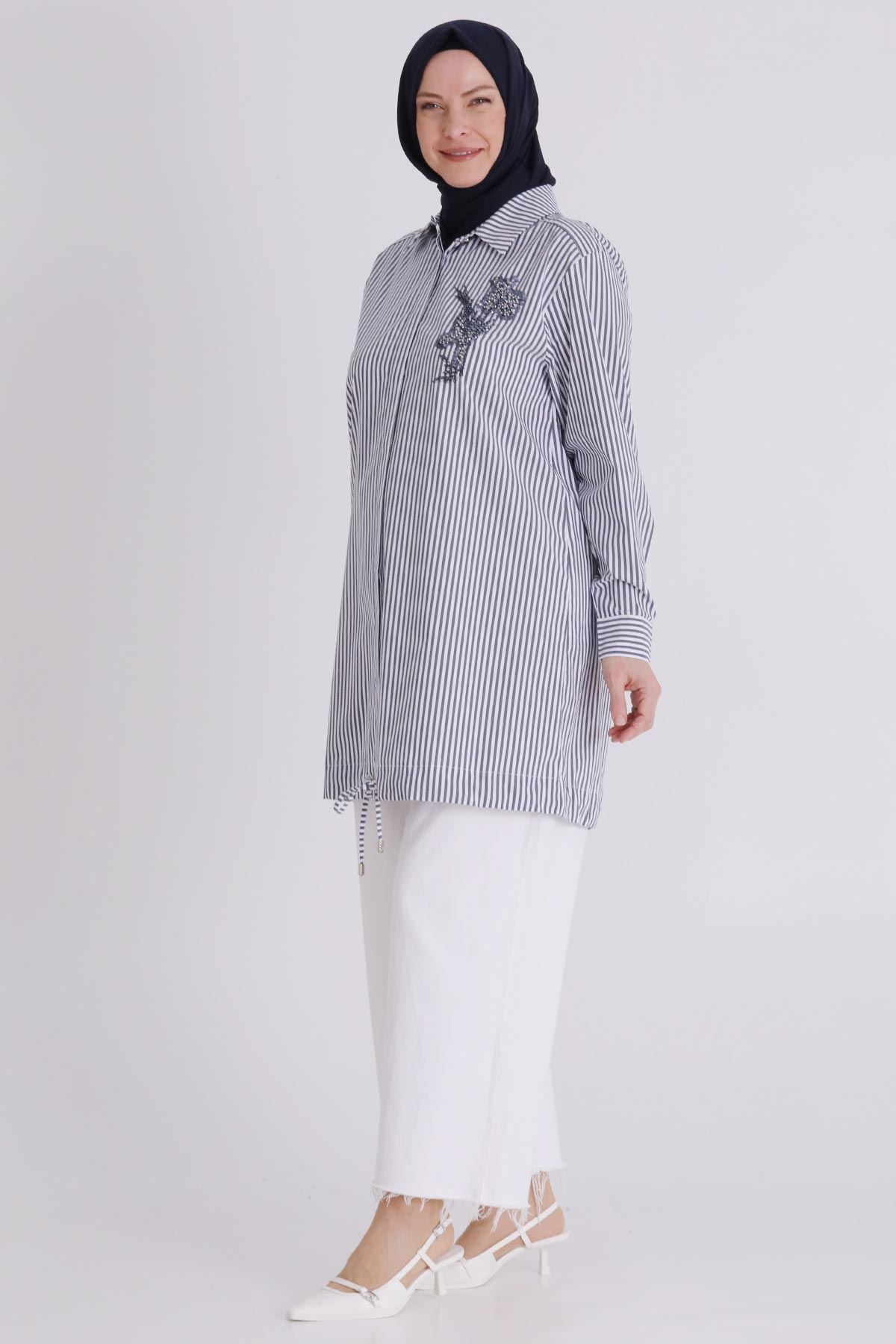 Büyük Beden Tesettür Çizgili Tunik 23036 Lacivert