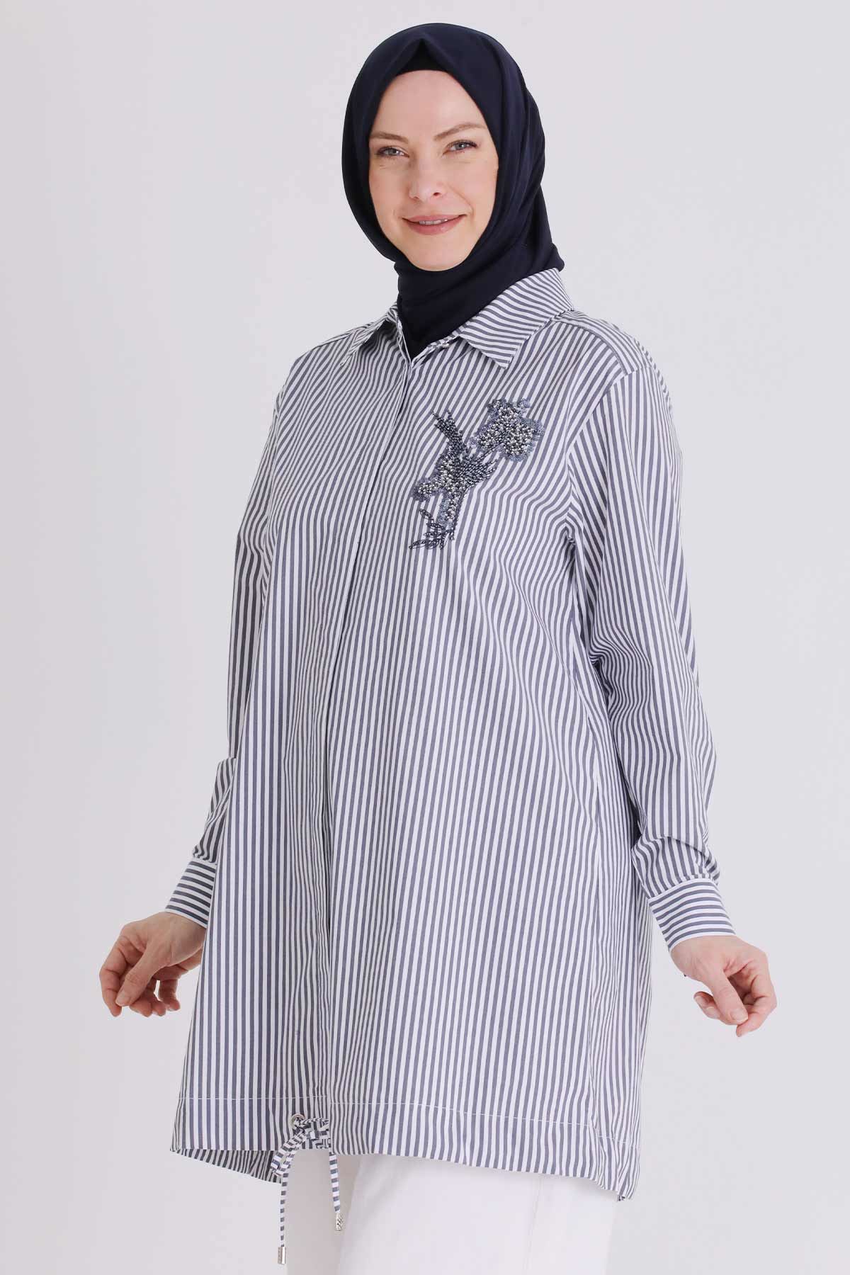 Büyük Beden Tesettür Çizgili Tunik 23036 Lacivert
