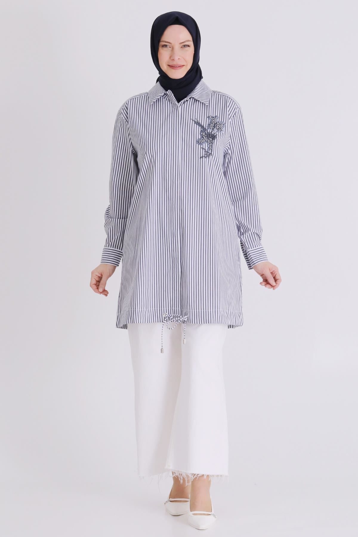 Büyük Beden Tesettür Çizgili Tunik 23036 Lacivert