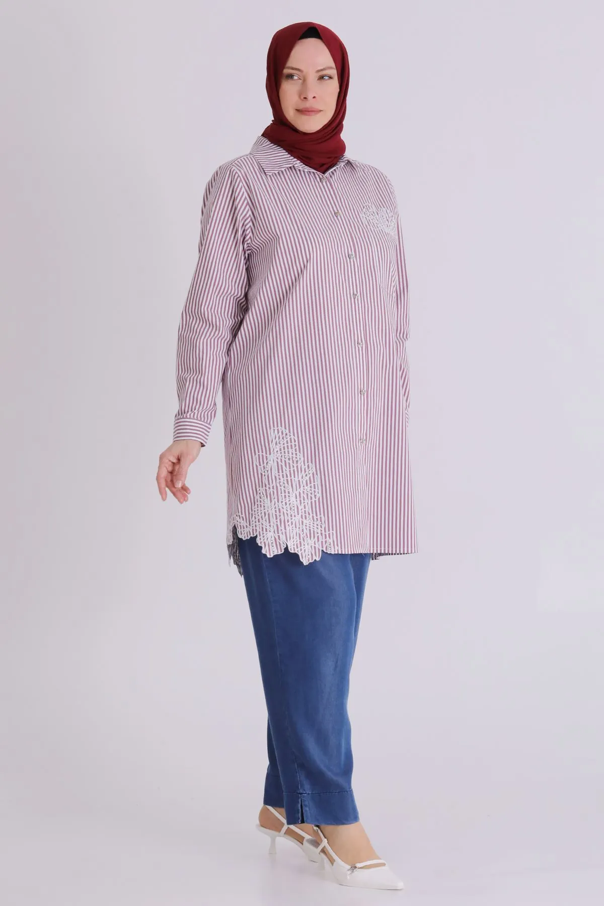 Büyük Beden Tesettür Çizgili Tunik 23037 Bordo