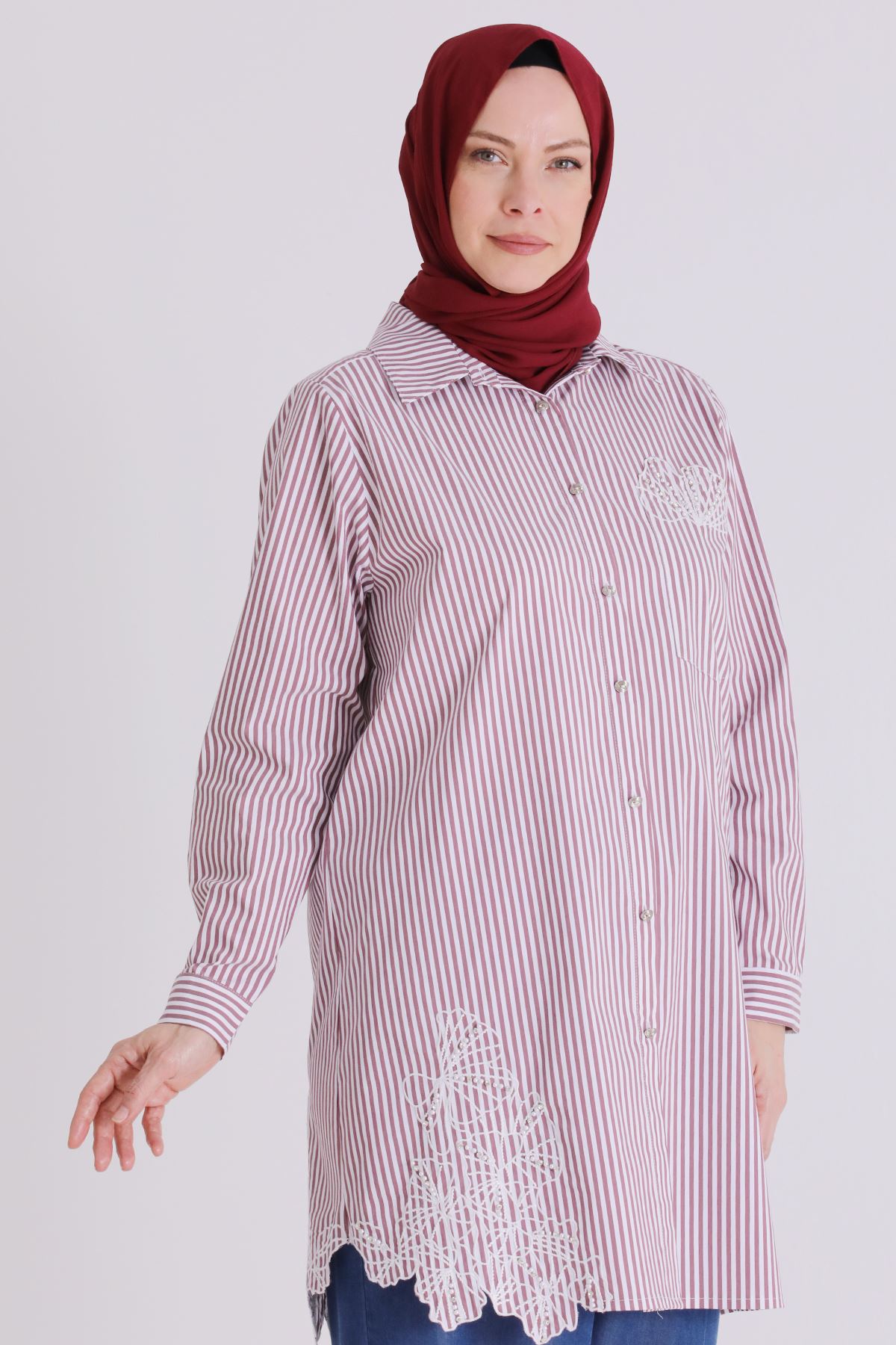 Büyük Beden Tesettür Çizgili Tunik 23037 Bordo