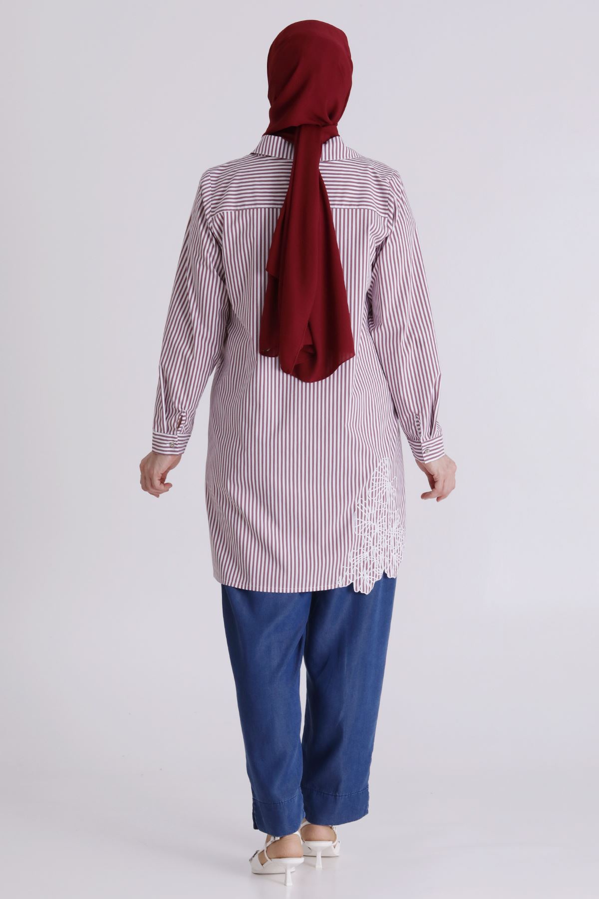 Büyük Beden Tesettür Çizgili Tunik 23037 Bordo