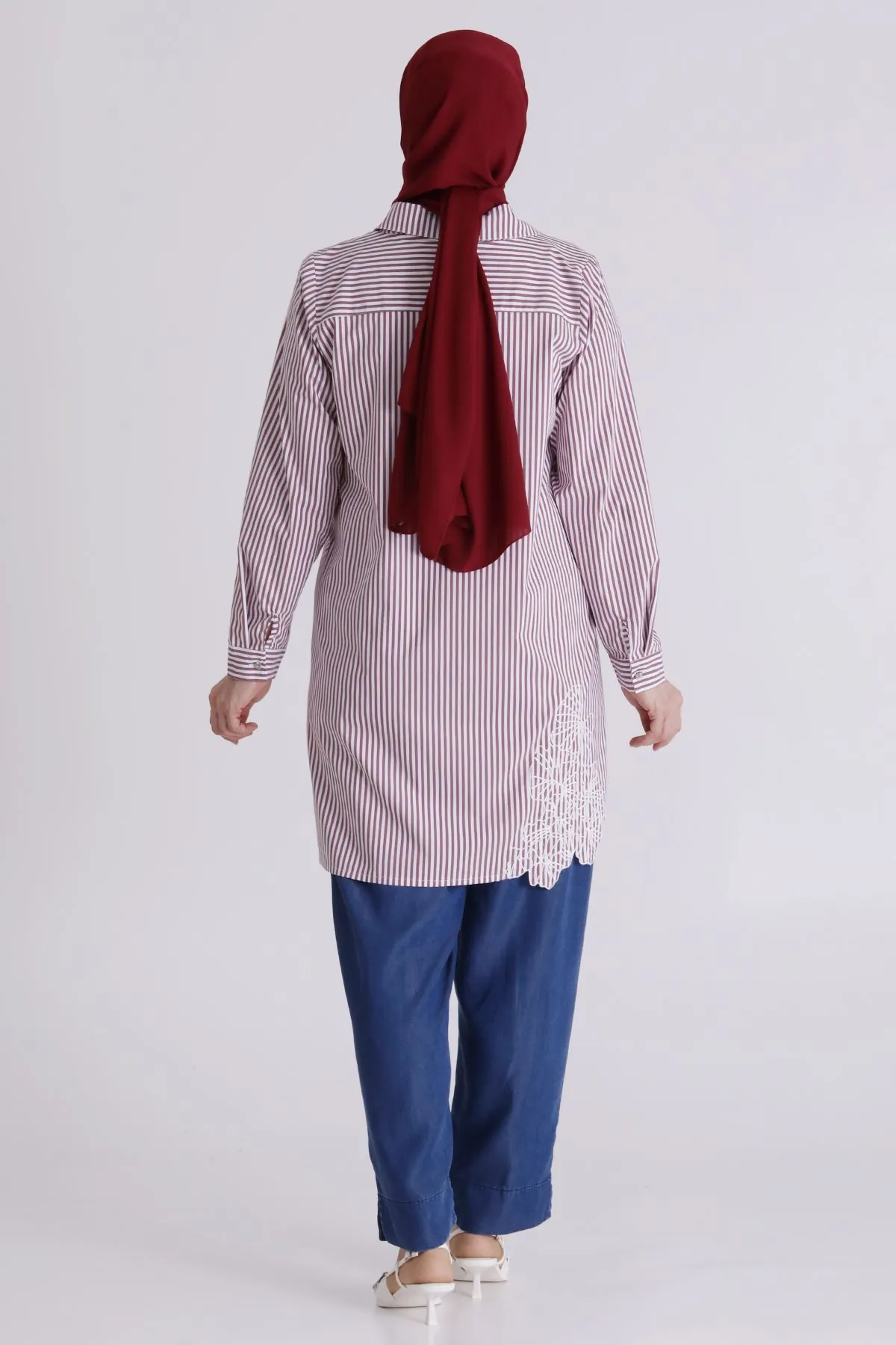 Büyük Beden Tesettür Çizgili Tunik 23037 Bordo