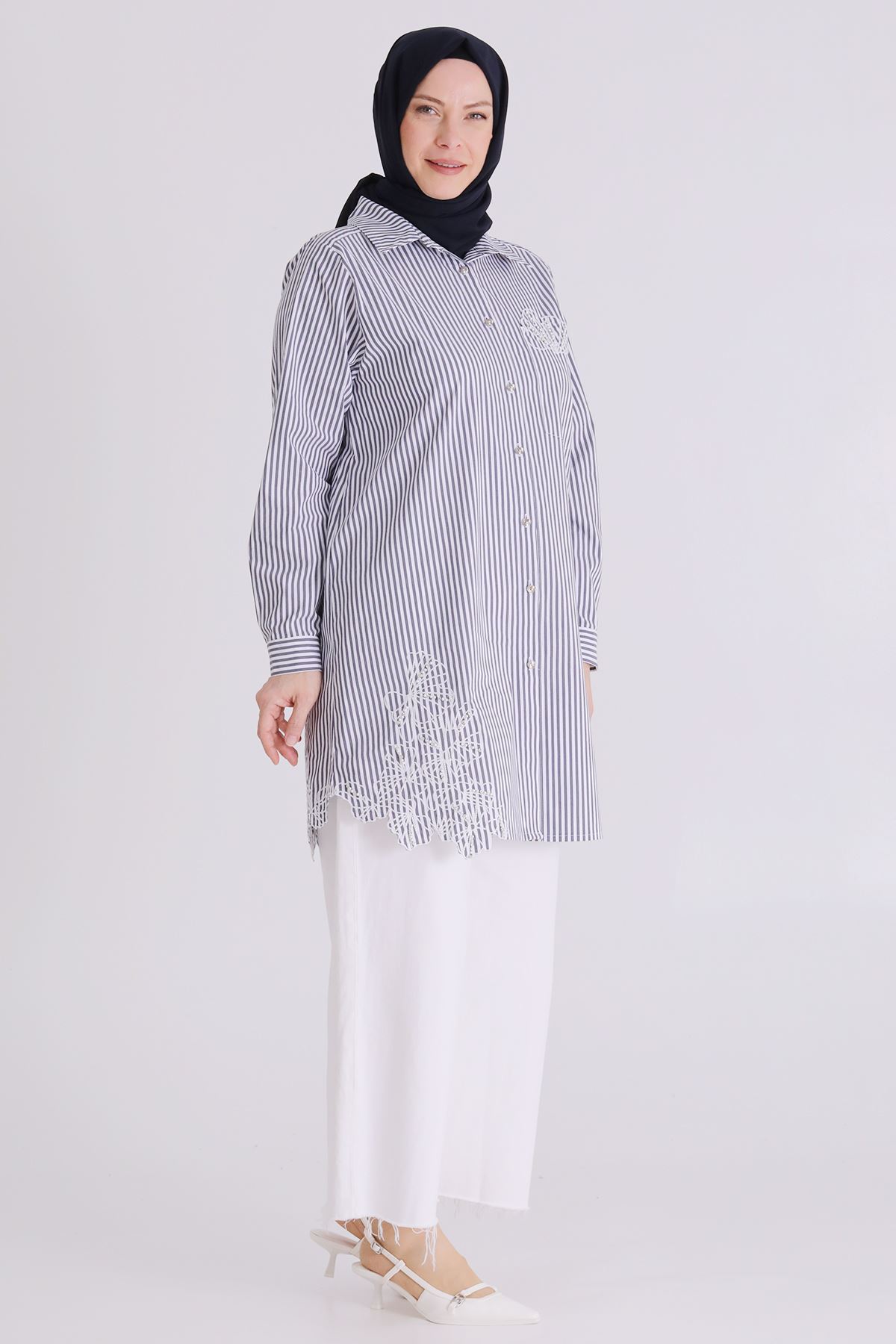 Büyük Beden Tesettür Çizgili Tunik 23037 Lacivert