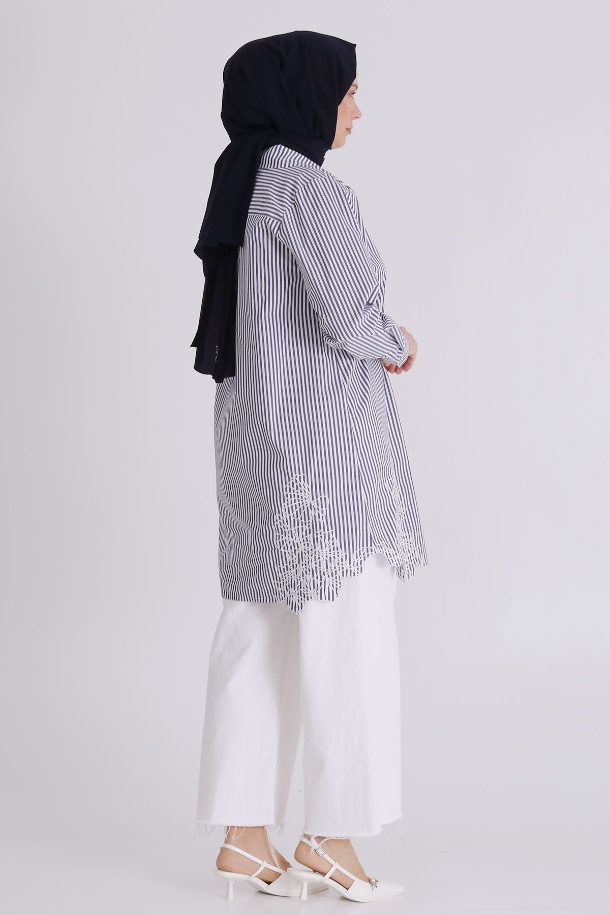 Büyük Beden Tesettür Çizgili Tunik 23037 Lacivert