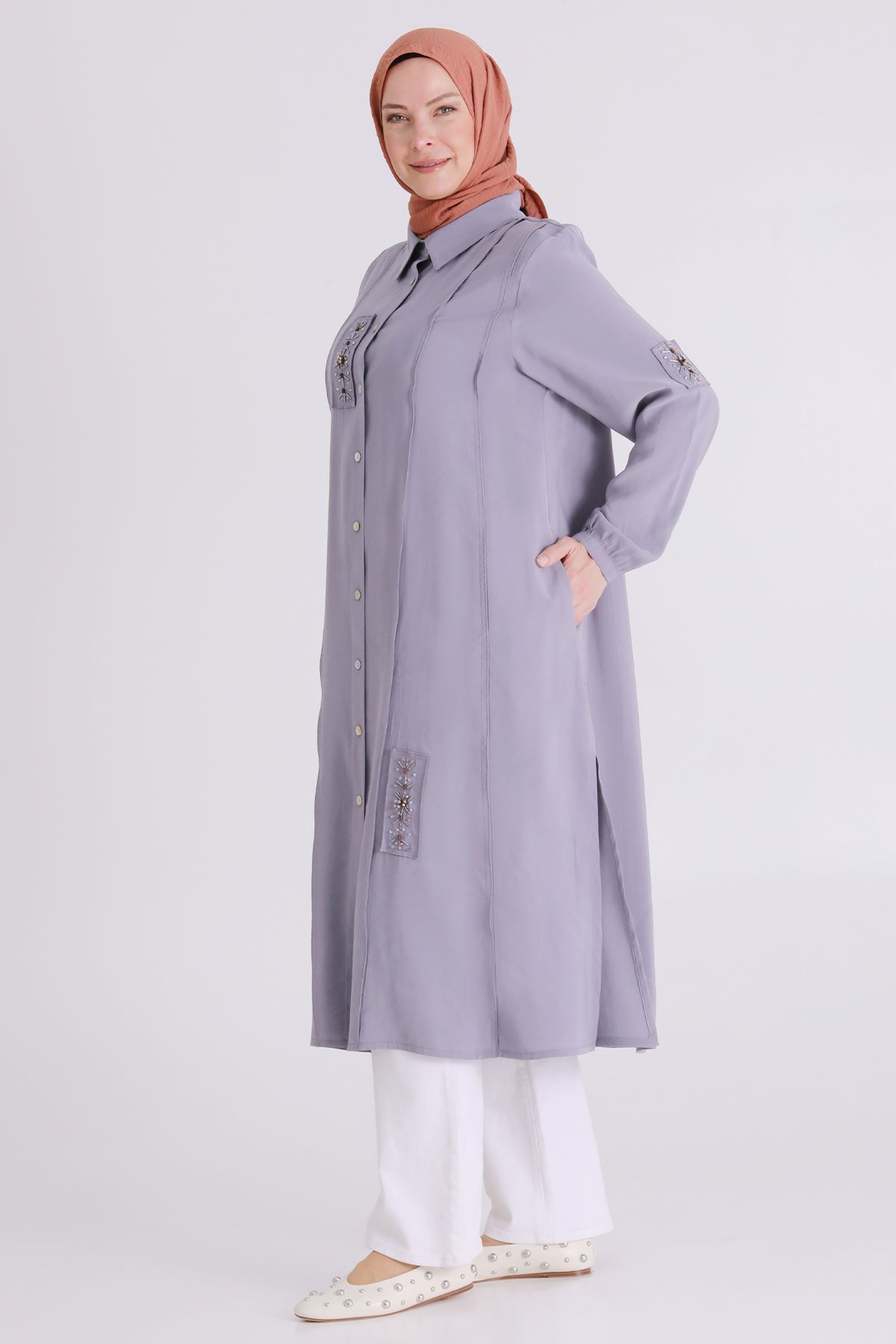 Büyük Beden Tesettür İşlemeli Tunik 2359 Gri